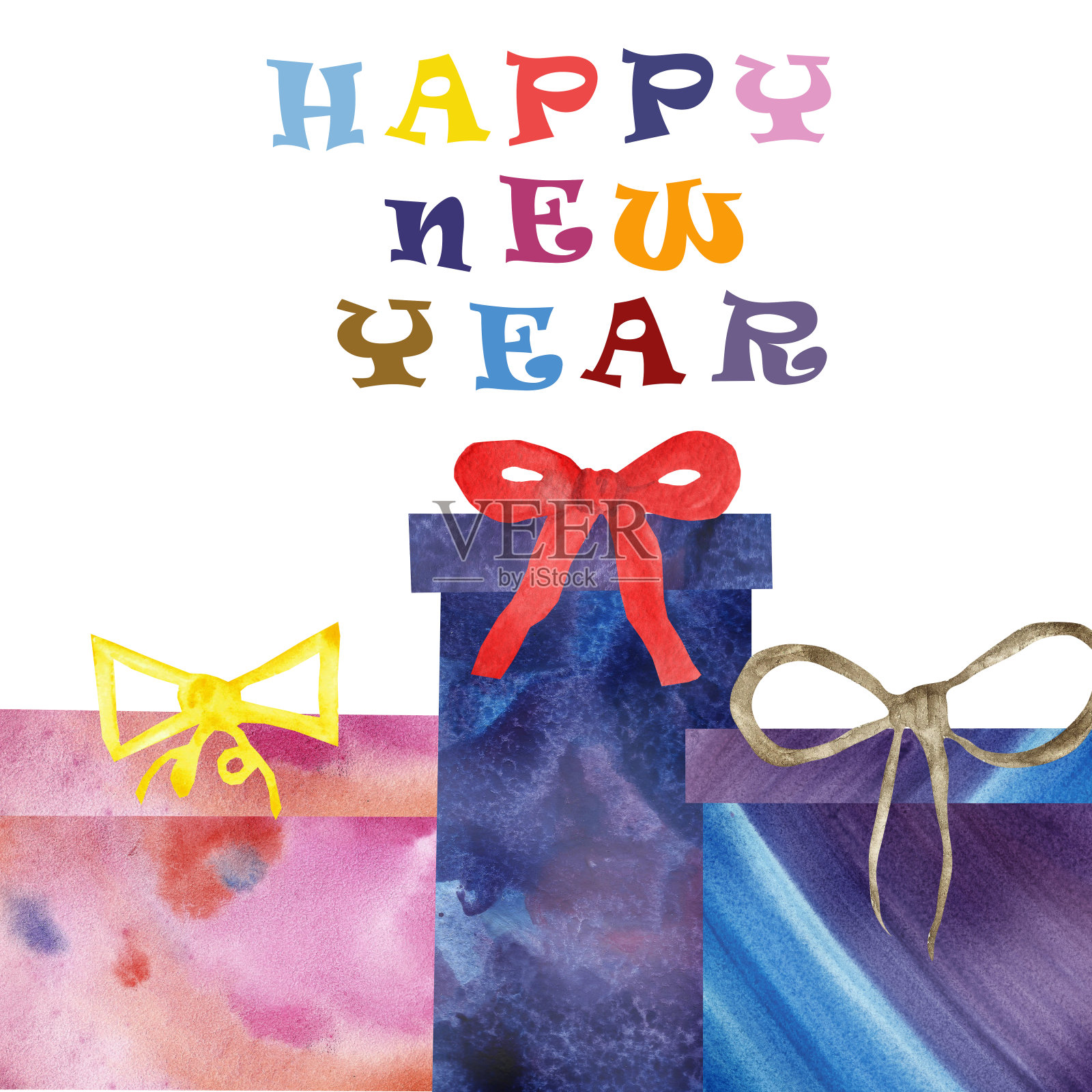 水彩手画节日庆祝组成与三个不同的礼盒与弓和快乐新年多色文字孤立在白色背景明信片和邀请设计模板素材