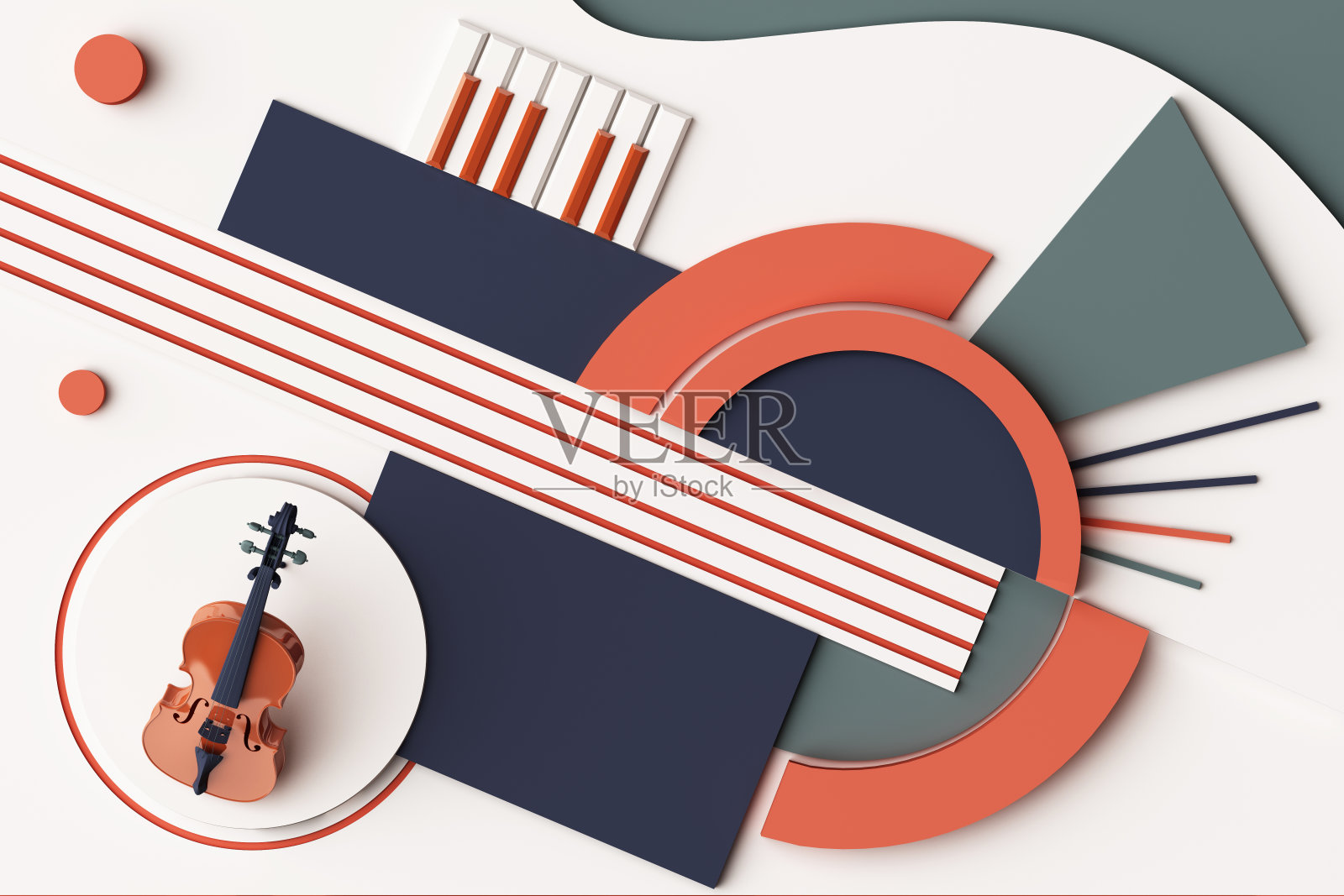 小提琴和乐器概念，几何形状平台的抽象组成，橙色和蓝色调。三维渲染照片摄影图片