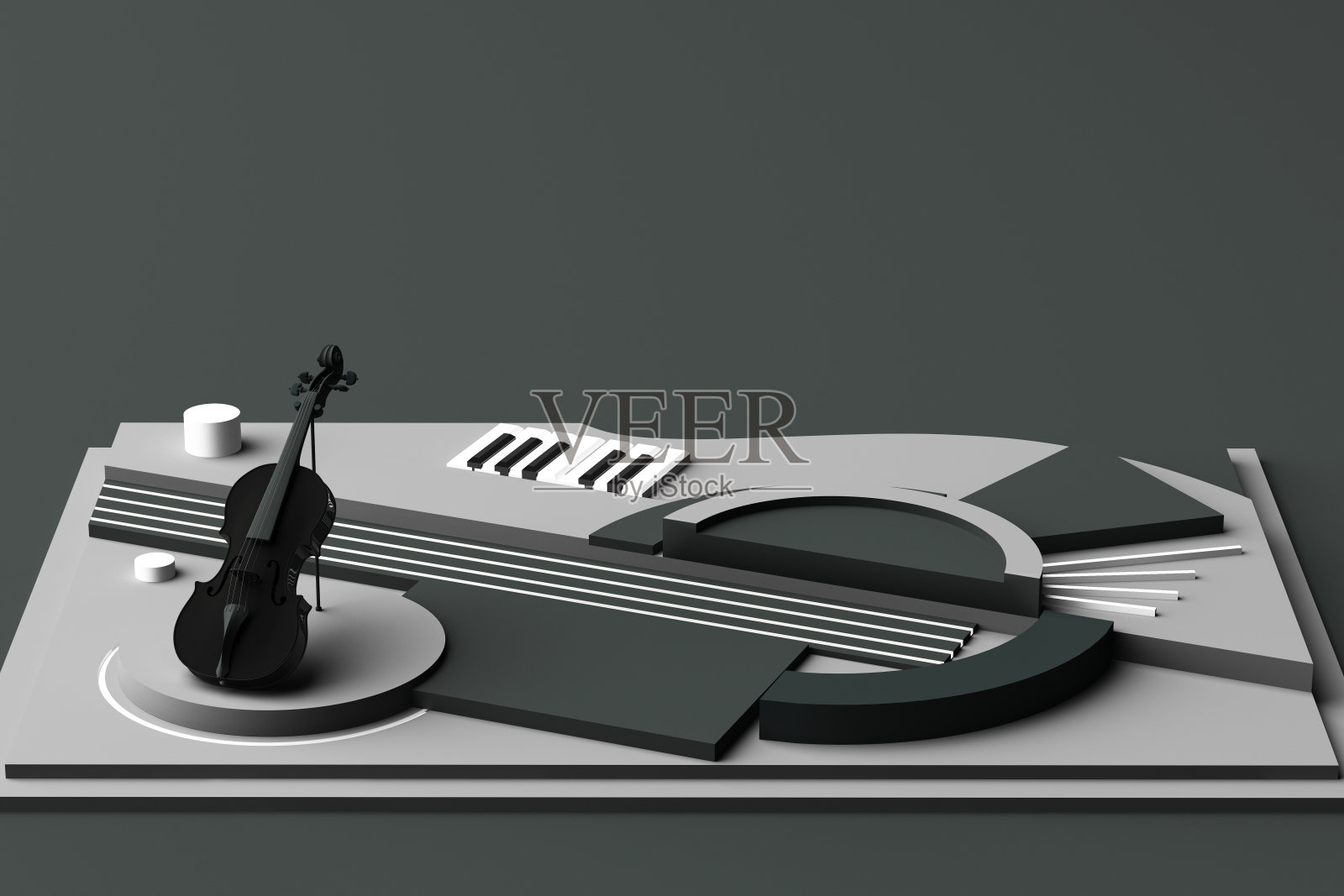 小提琴和乐器的概念，抽象的构成几何形状的平台在黑色的音调。三维渲染照片摄影图片