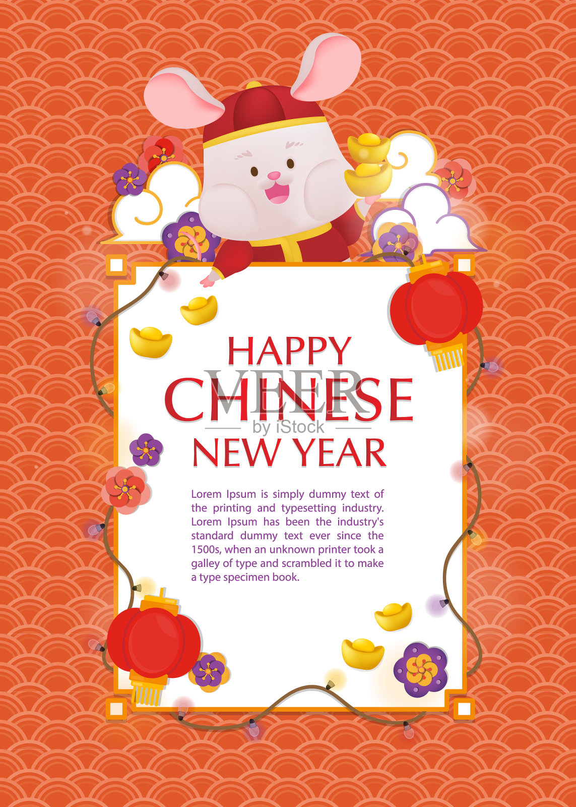 中国新年模板与小老鼠在中国服装和亚洲装饰。鼠年快乐。设计模板素材