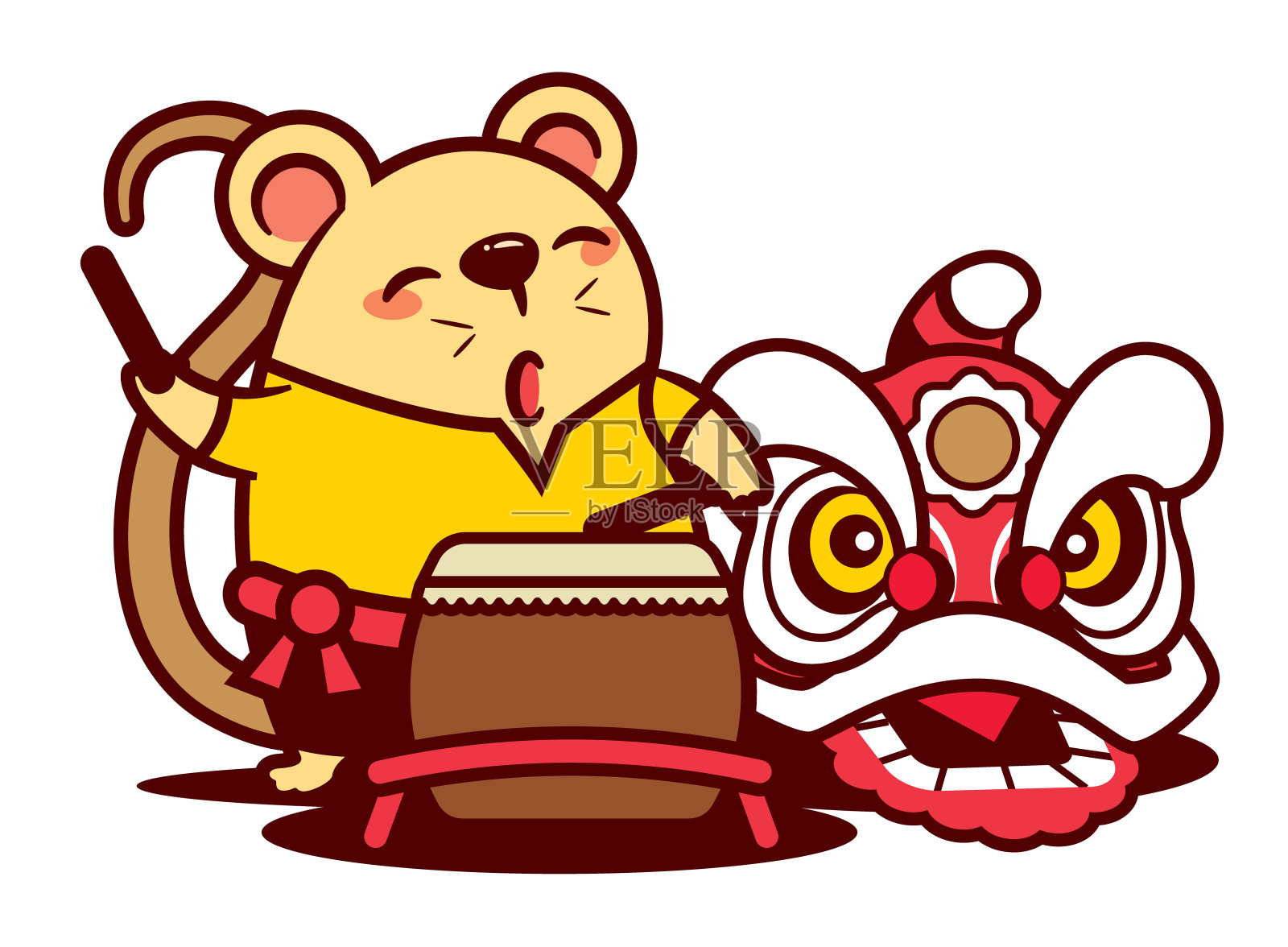 卡通可爱的老鼠与南狮一起打狮子舞鼓。中国新年2020 -向量插画图片素材