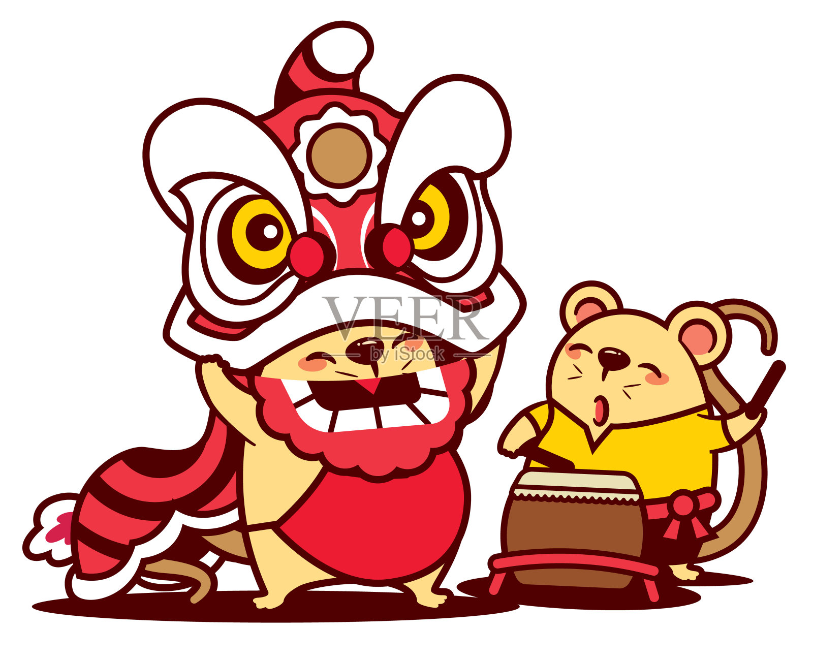 卡通可爱的老鼠喜欢舞狮和可爱的老鼠打鼓。中国新年2020 -向量插画图片素材