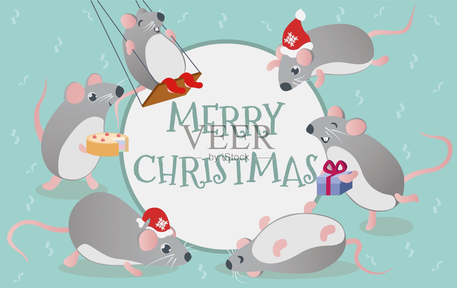手绘横幅可爱的老鼠。圣诞快乐，新年快乐插画图片素材