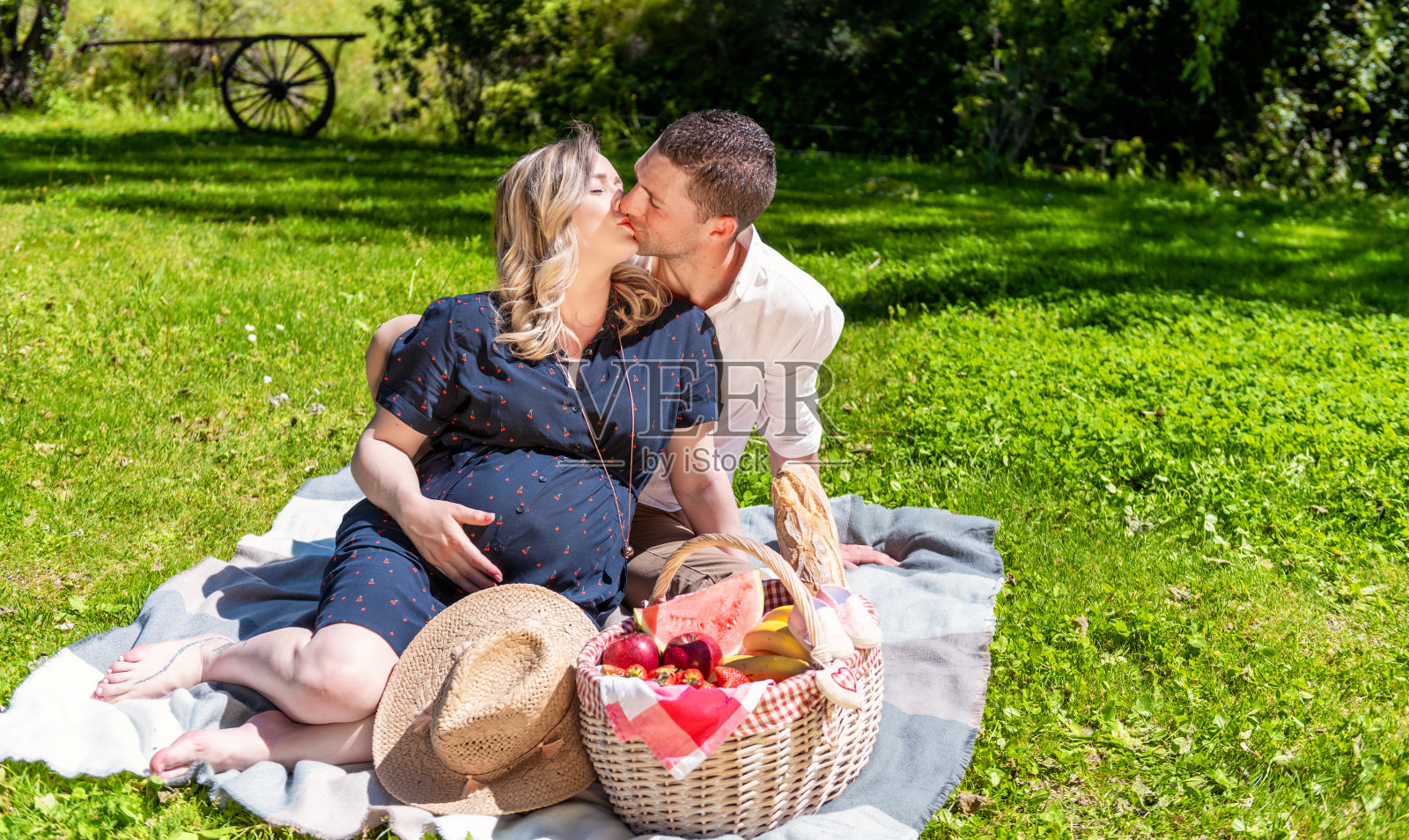 一对年轻情侣在野餐时接吻照片摄影图片