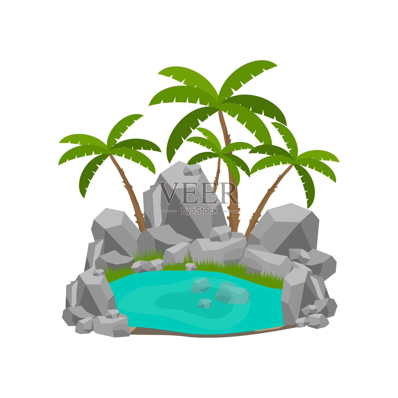 湖，一个有岩石和棕榈树的逼真的湖。平面设计，矢量插图，矢量。插画图片素材