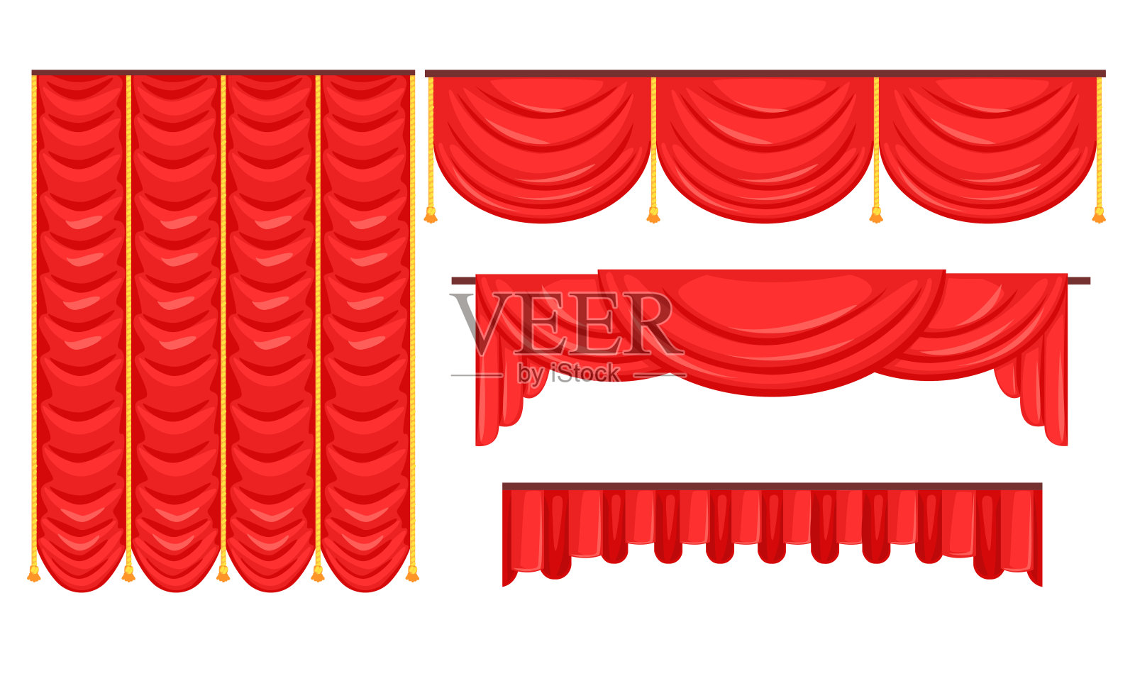 采购产品红色窗帘设置，豪华室内窗帘，檐口装饰，纺织灯罩矢量插图插画图片素材