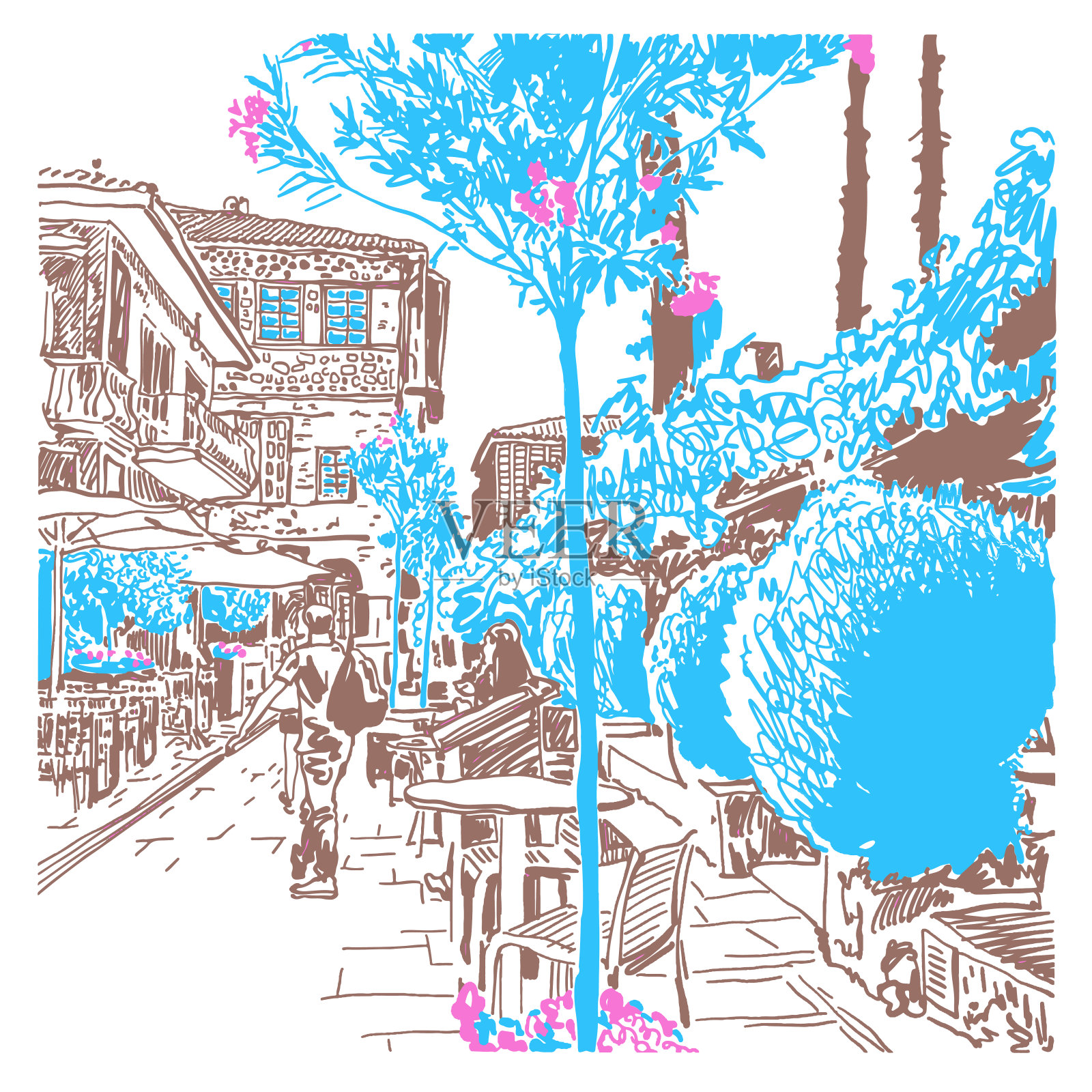 安塔利亚老城城市景观的数字草图，提尔基插画图片素材