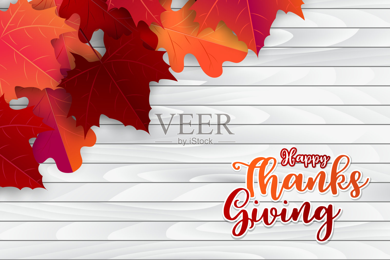 感恩节快乐海报。背景与红色和橙色枫树叶在木板上。美国传统的11月节日。横幅出售，广告，促销，邀请。矢量插图。设计模板素材