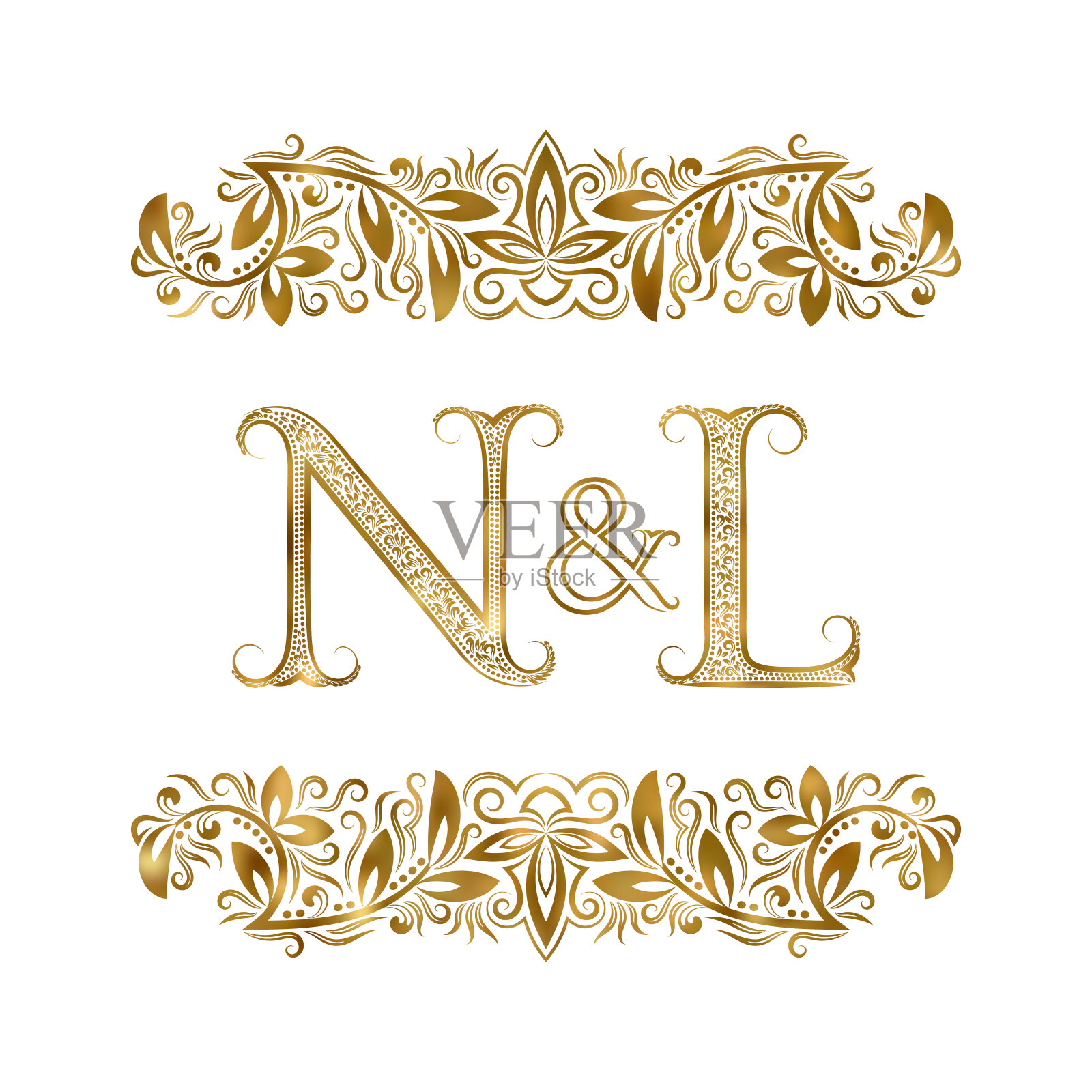 N和L复古的首字母符号。字母周围有装饰元素。皇室风格的婚礼或商业伙伴的字母组合。插画图片素材