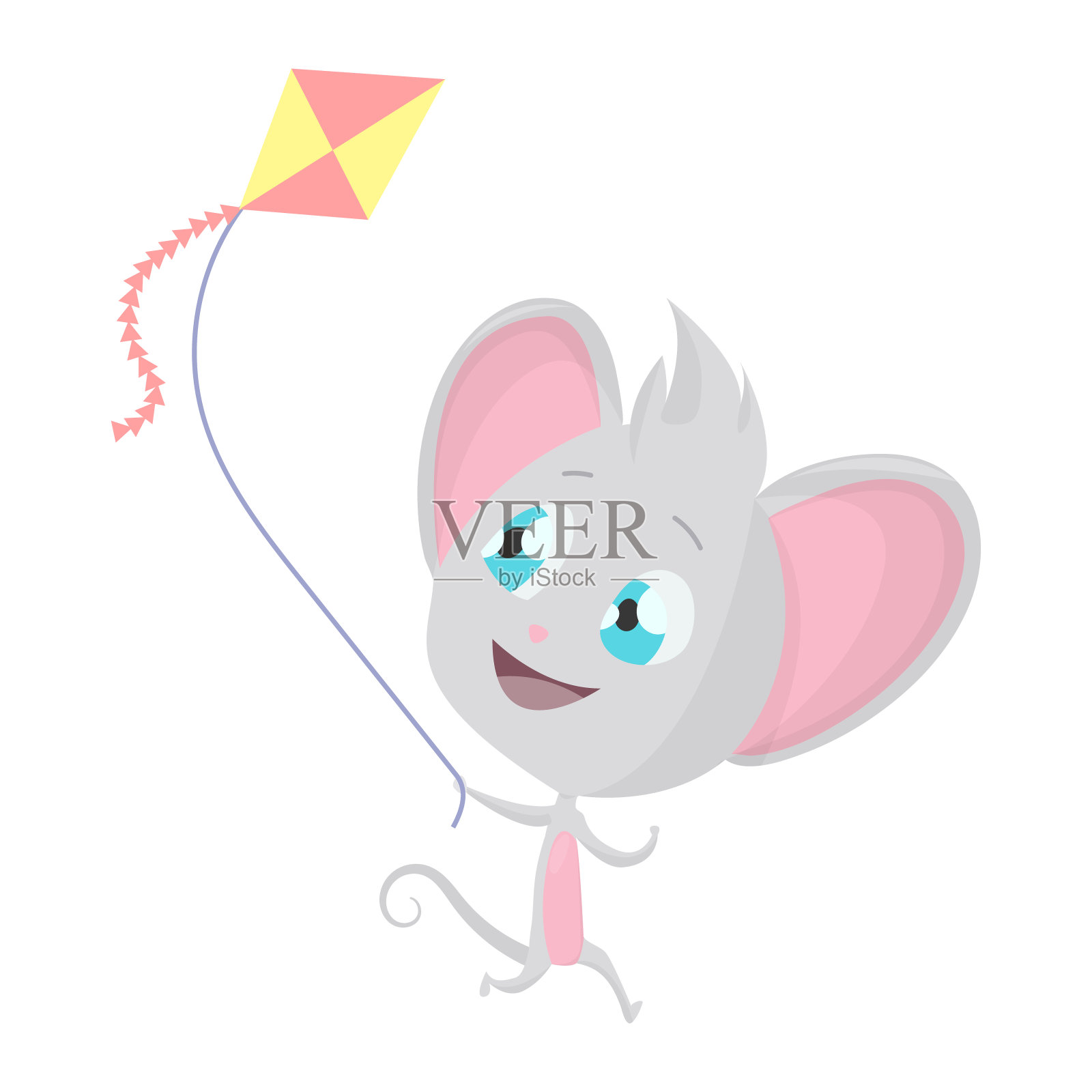 可爱的灰老鼠和一个风筝。矢量股票插图孤立的表情符号字符卡通鼠标贴纸表情符号与情感，情况和姿势设计元素图片