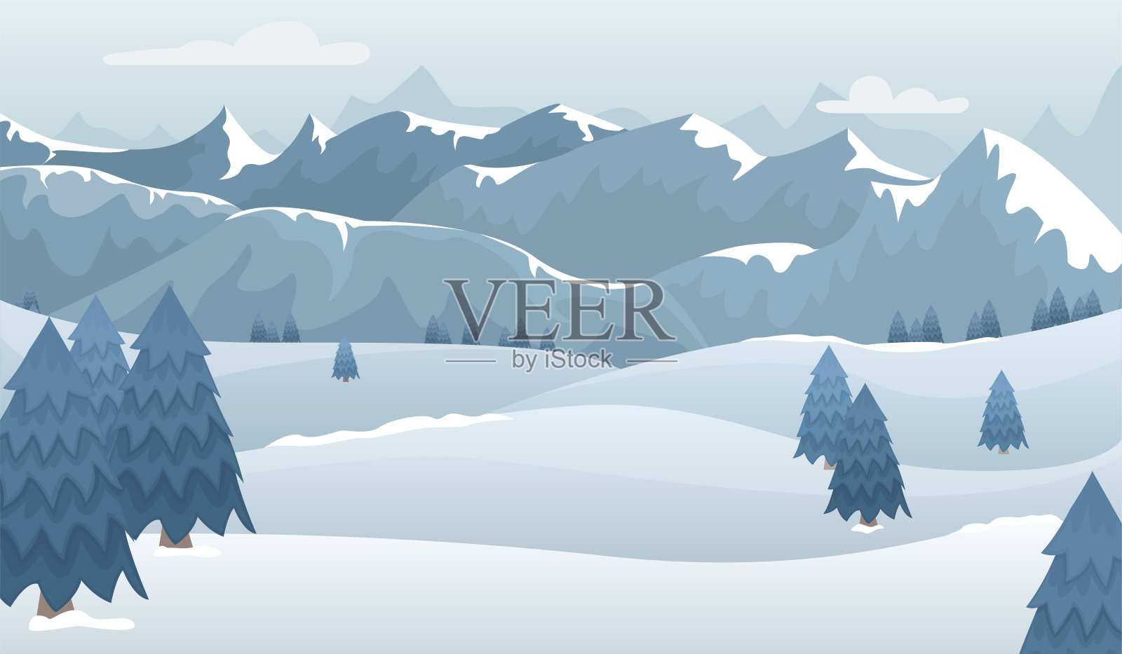 蓝色色调的冬季山地景观。平面向量插图。插画图片素材