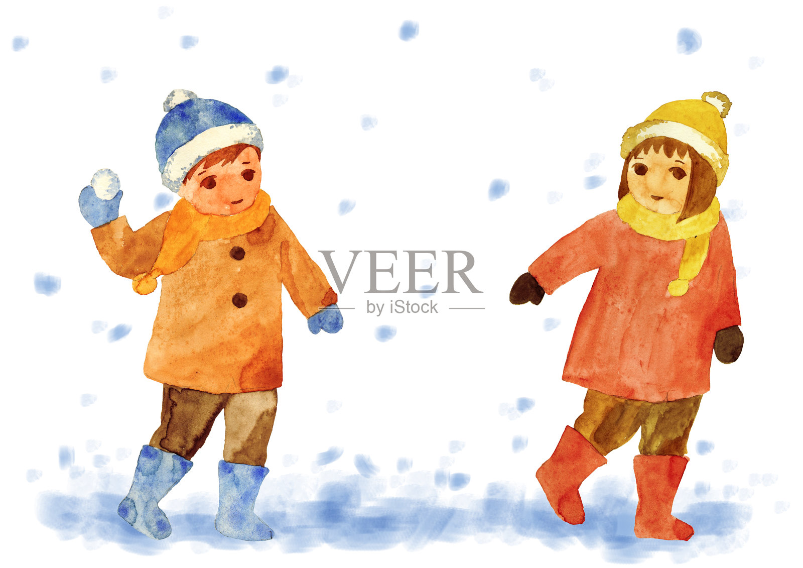 孩子们在雪中玩耍插画图片素材