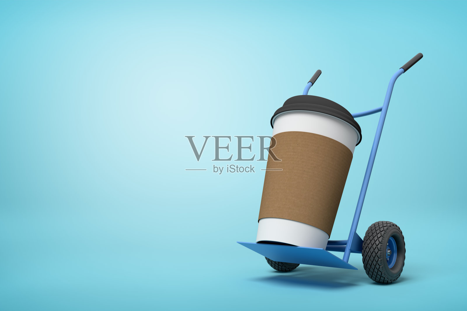 3d特写渲染巨大的纸咖啡杯上的蓝色手推车在浅蓝色的背景。照片摄影图片