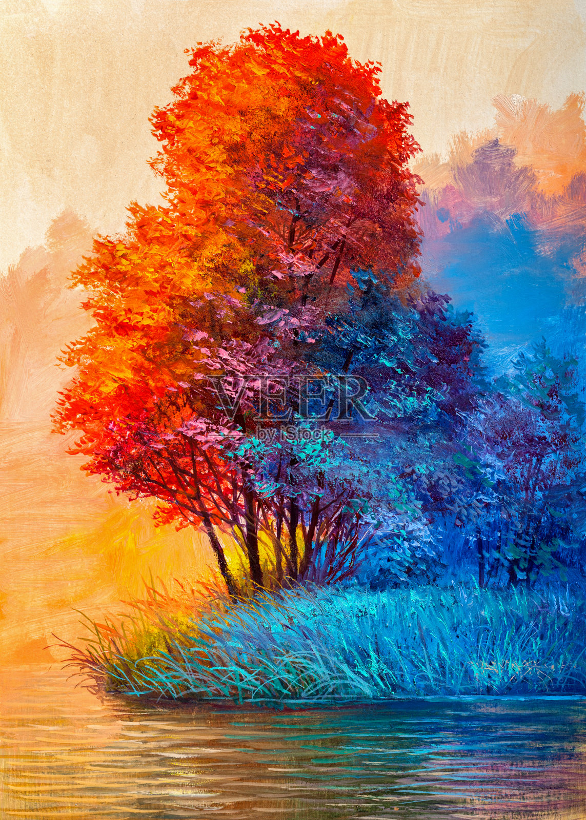 油画风景-五彩缤纷的秋林插画图片素材