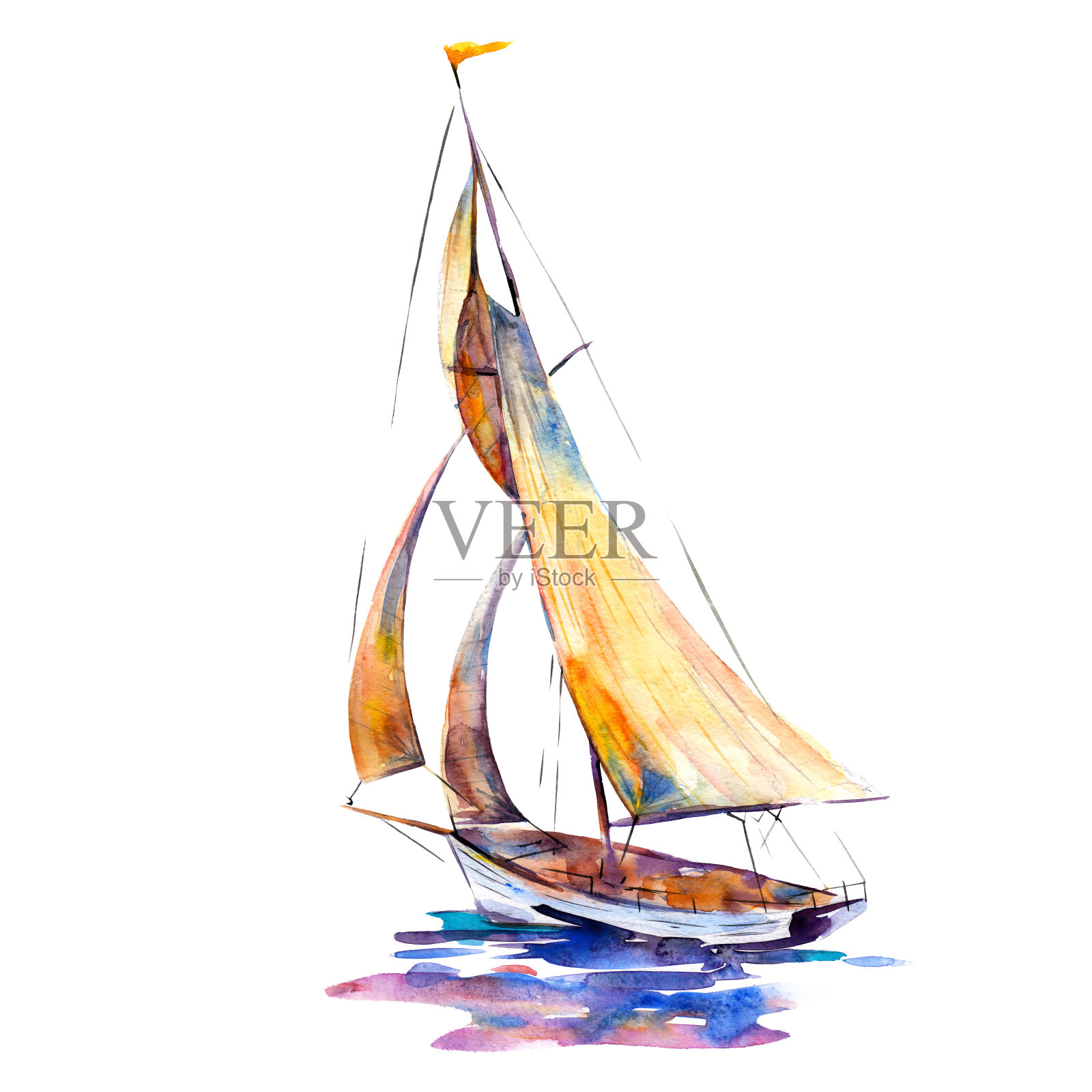 水彩插图，手绘帆船孤立对象上的白色背景。艺术印刷船与黄色的帆。插画图片素材