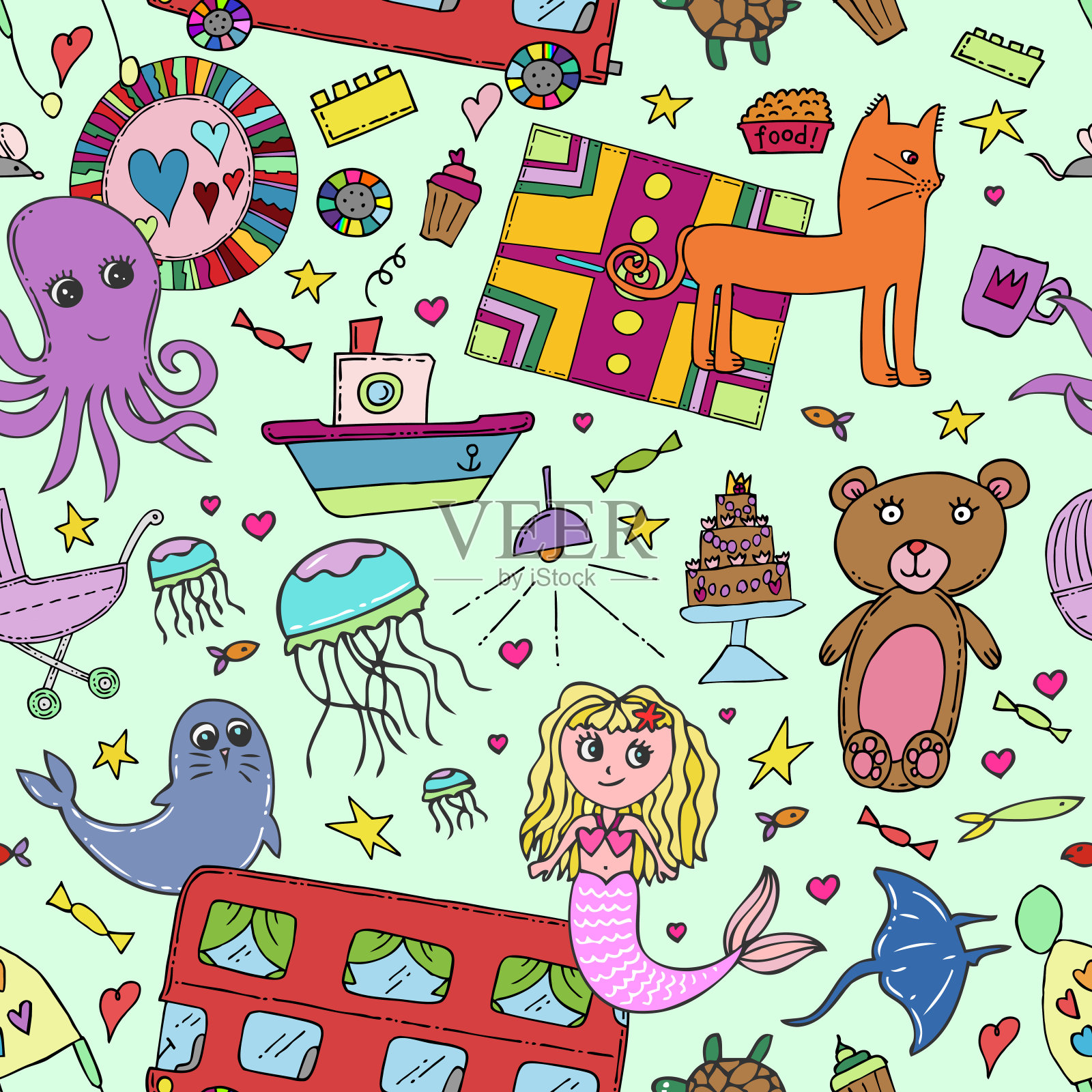 儿童绘画无缝背景素描美人鱼，玩具和茶点时间彩色涂鸦儿童手绘绘画艺术卡通女孩图案。插画图片素材