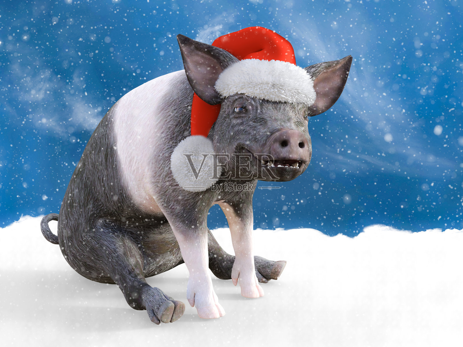一个快乐的小猪戴着圣诞帽的3D渲染。照片摄影图片