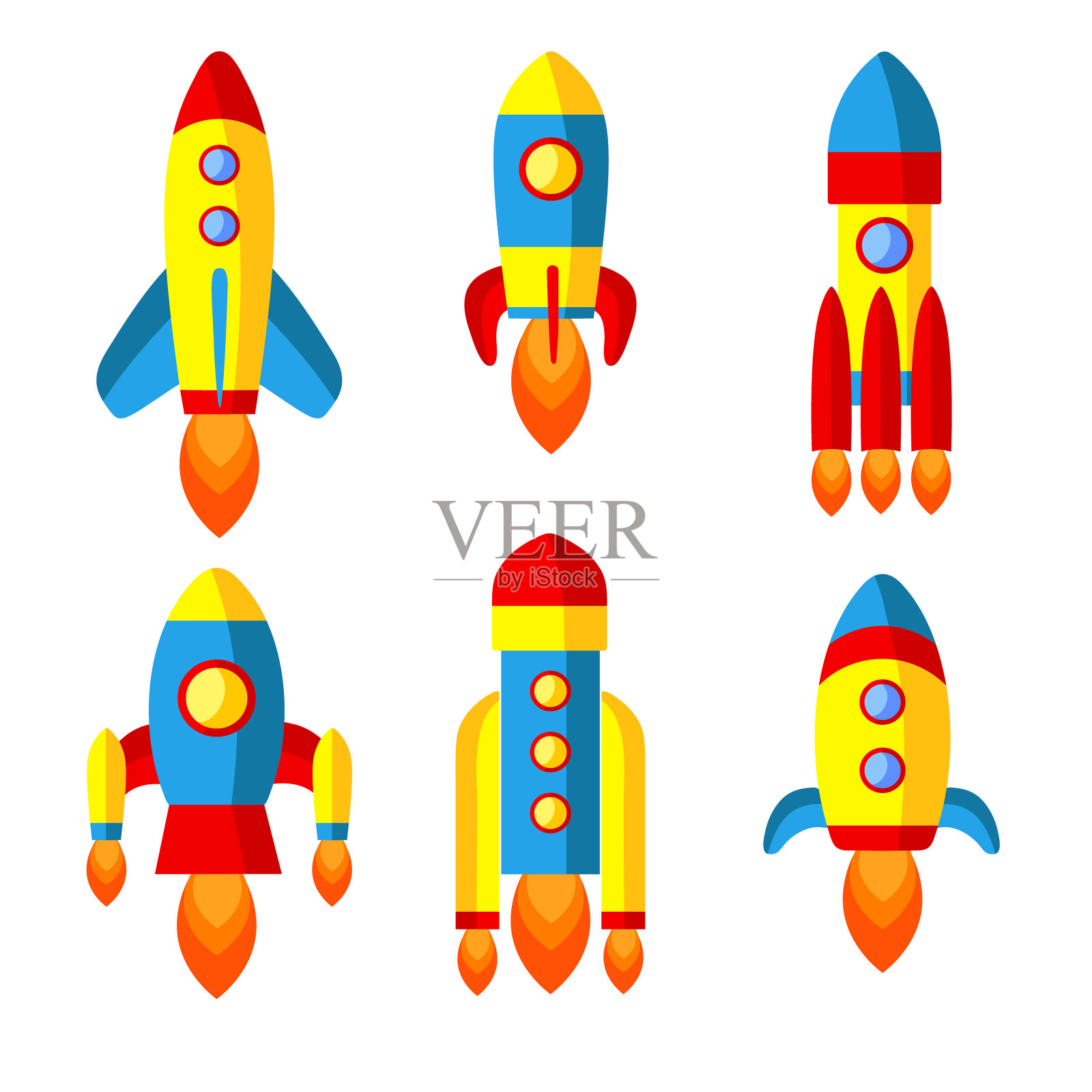 一组矢量空间火箭，飞船和航天飞机孤立在白色背景。剪贴艺术在平面风格。创业理念的发展与成功。插画图片素材