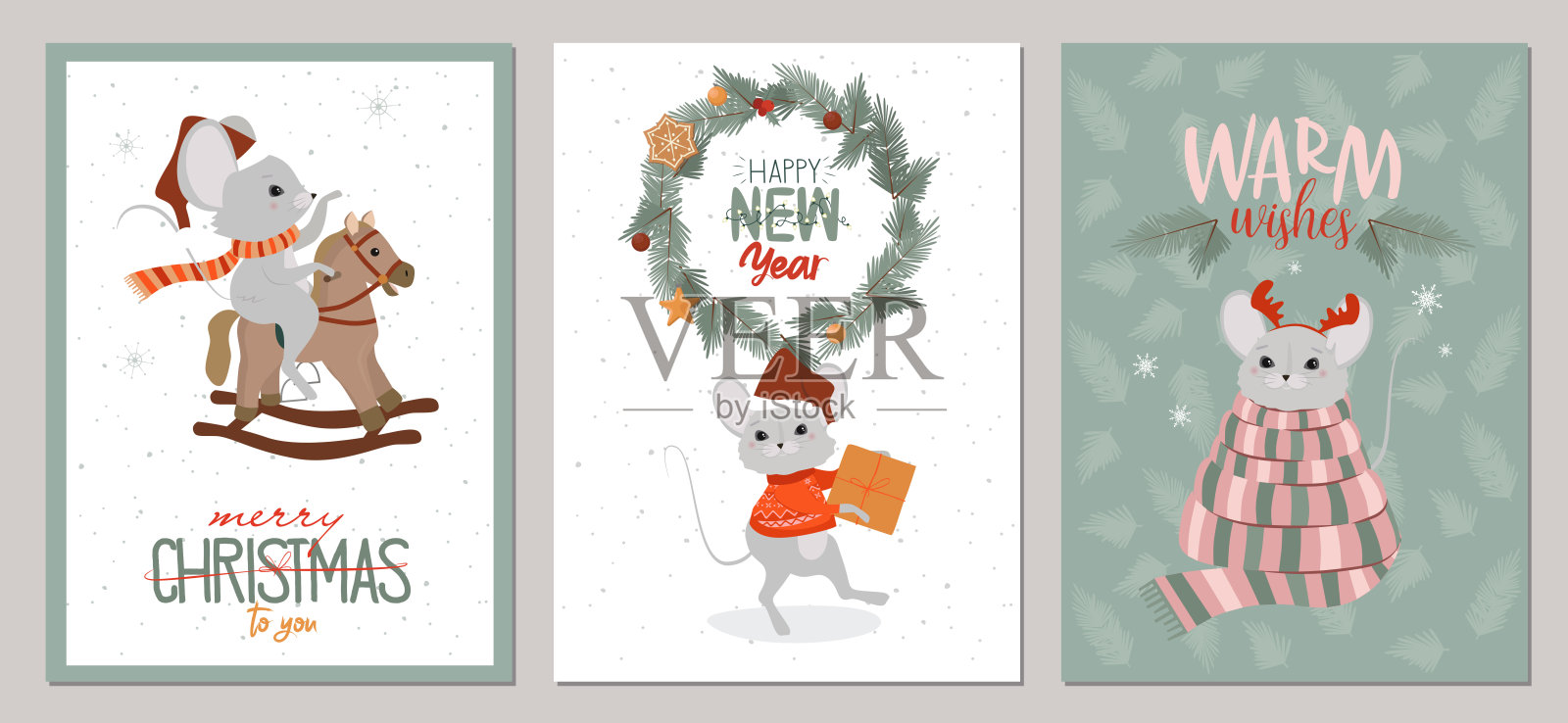 一套可爱的鼠标和节日元素圣诞及新年贺卡设计模板素材