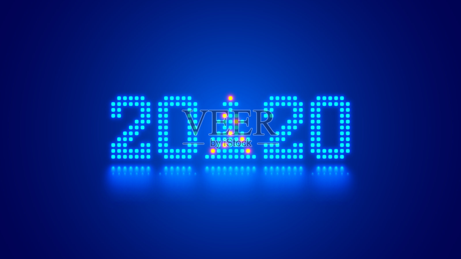 悬挂2020年数字或数字和圣诞树组成的蓝色闪烁霓虹方形像素反射。圣诞新年背景。数字计算机技术概念圣诞横幅。插画图片素材
