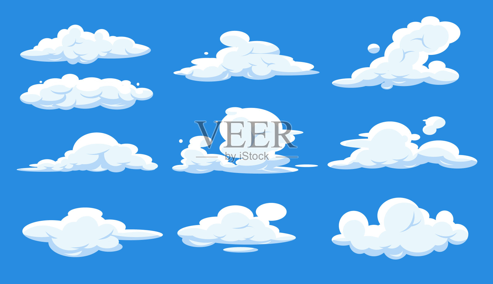 卡通云在蓝天上被孤立。云景在蓝天，白云。插画图片素材