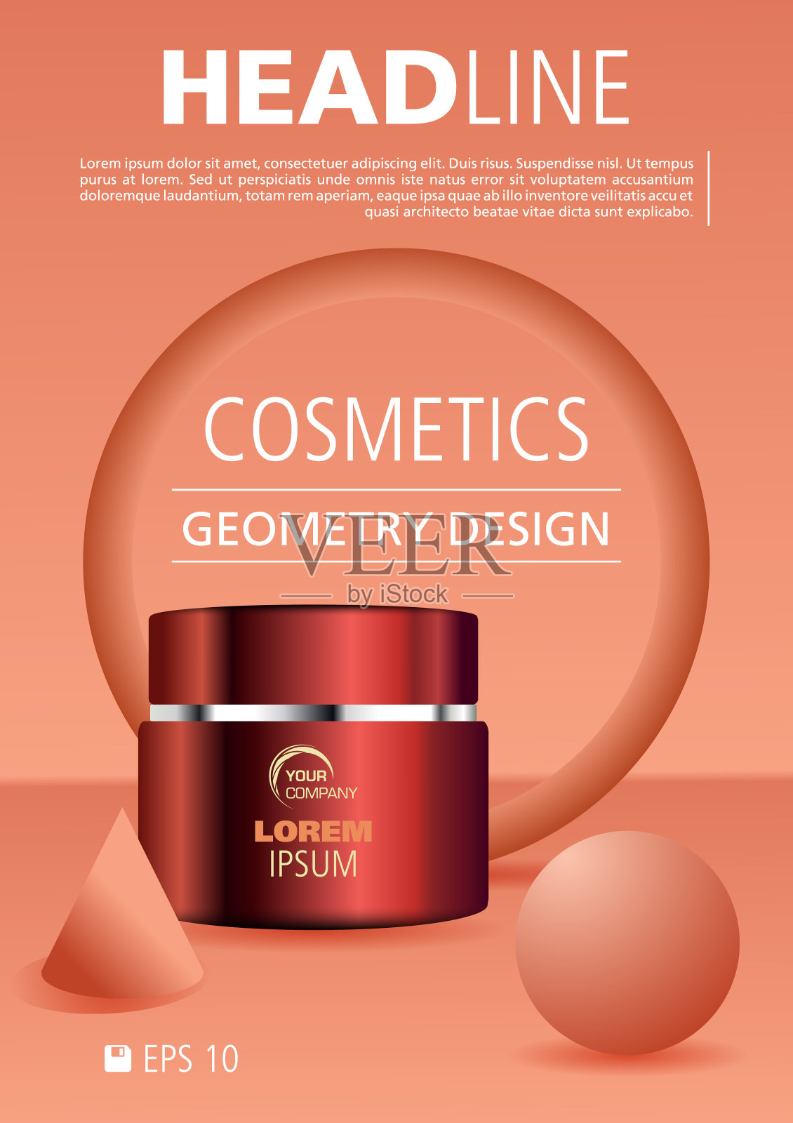 矢量化妆品传单广告模板与脸，手霜和抽象几何形状在红色设计模板素材