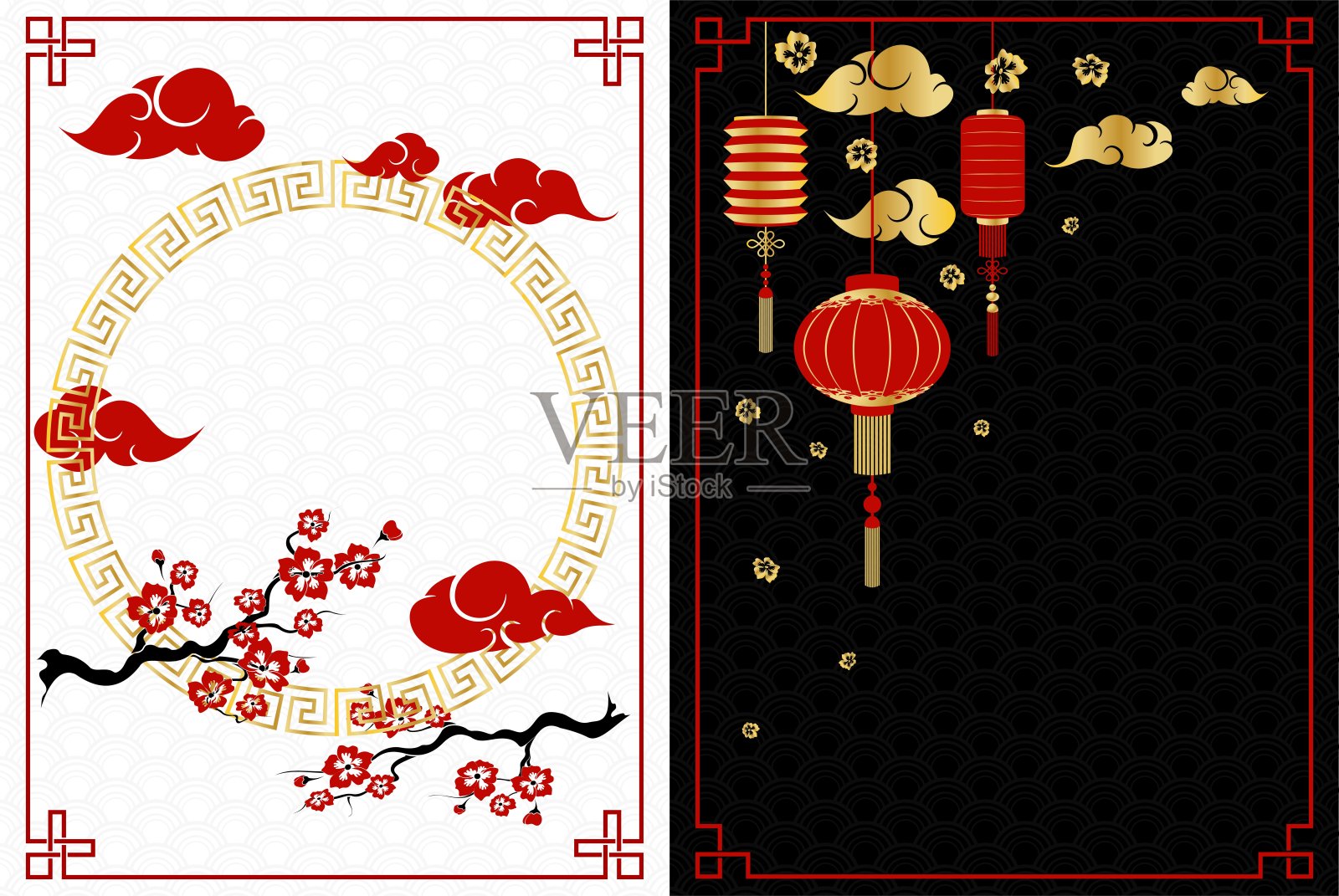 中国新年的白色和黑色横幅樱桃和灯笼设计模板素材
