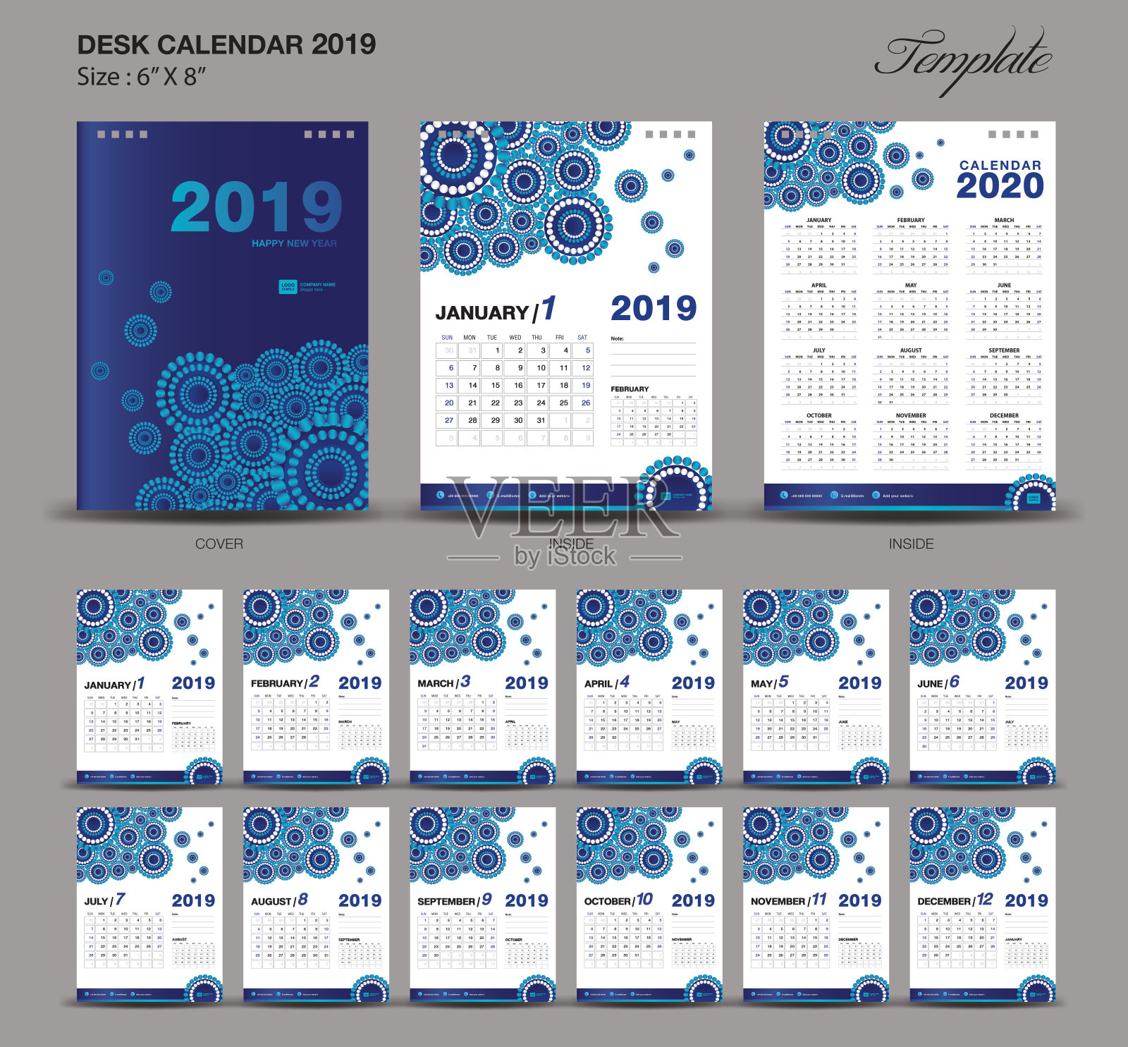 桌面日历2019年尺寸6 × 8英寸模板，蓝色日历2019模板，一套12个月，星期开始星期一，墙日历，传单设计，封面模板向量，广告创意设计模板素材