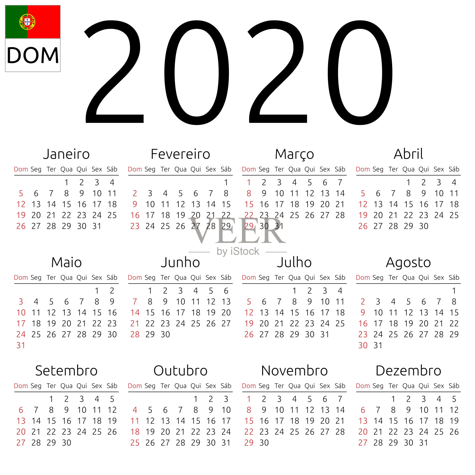 日历2020，葡萄牙语，周日插画图片素材