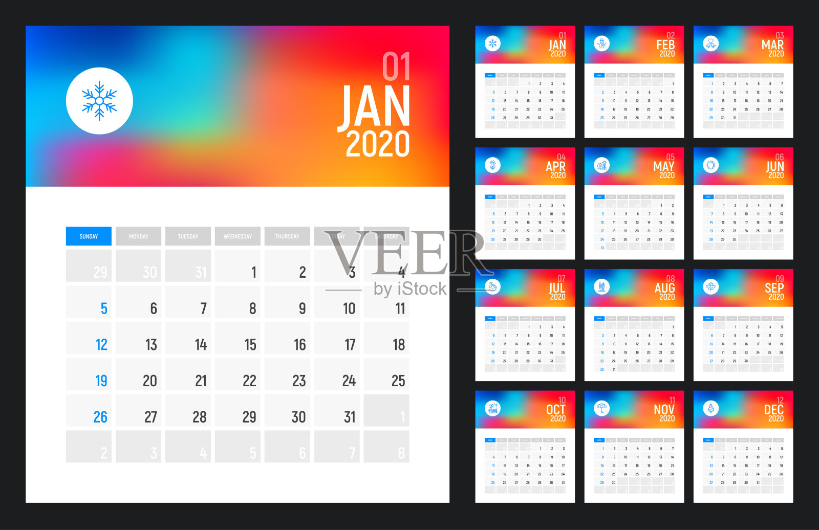 现代日历的2020年与细线图标为每个月。矢量插图每月计划。插画图片素材