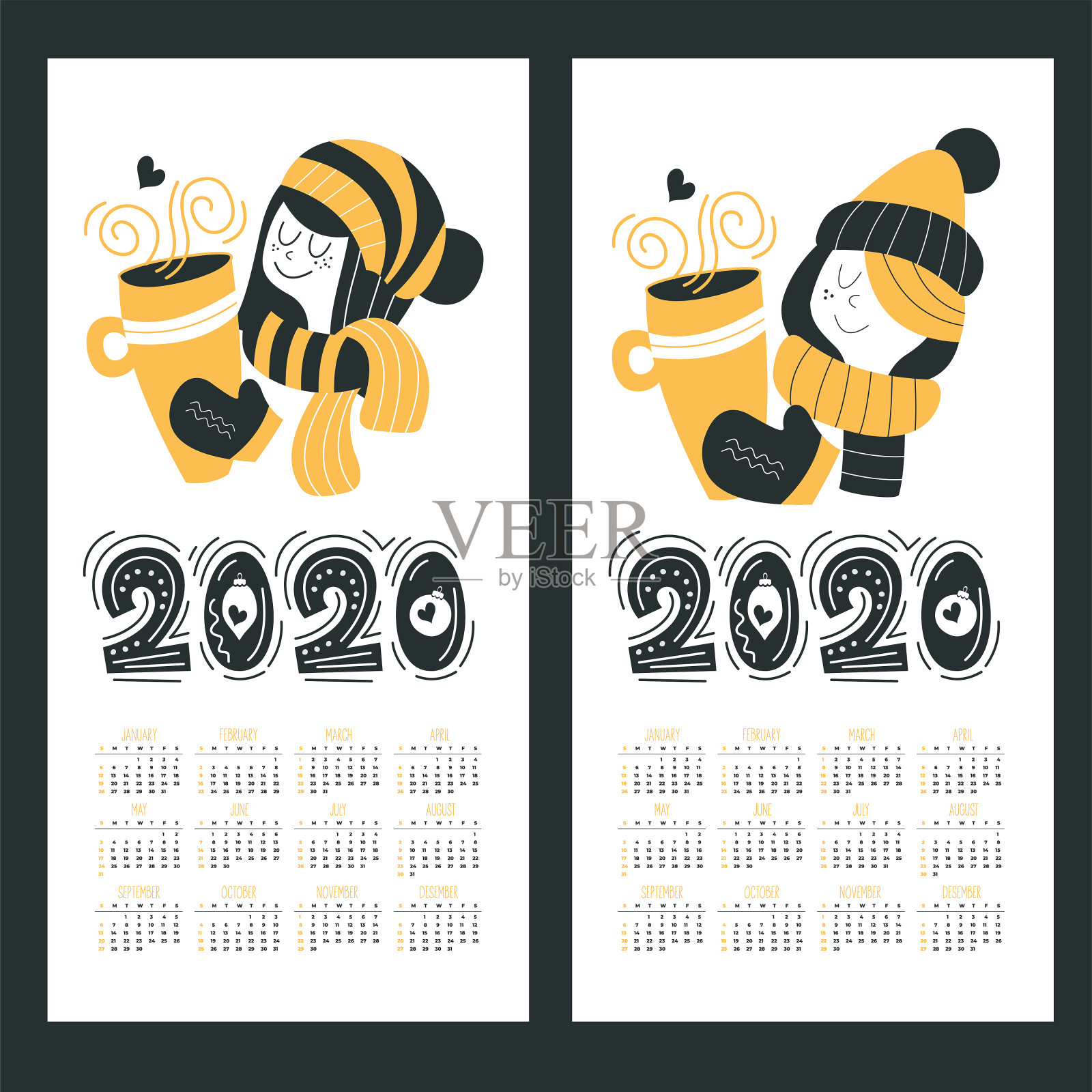 2020年日历。矢量插图。可爱的女孩拿着一杯热饮。设计模板素材