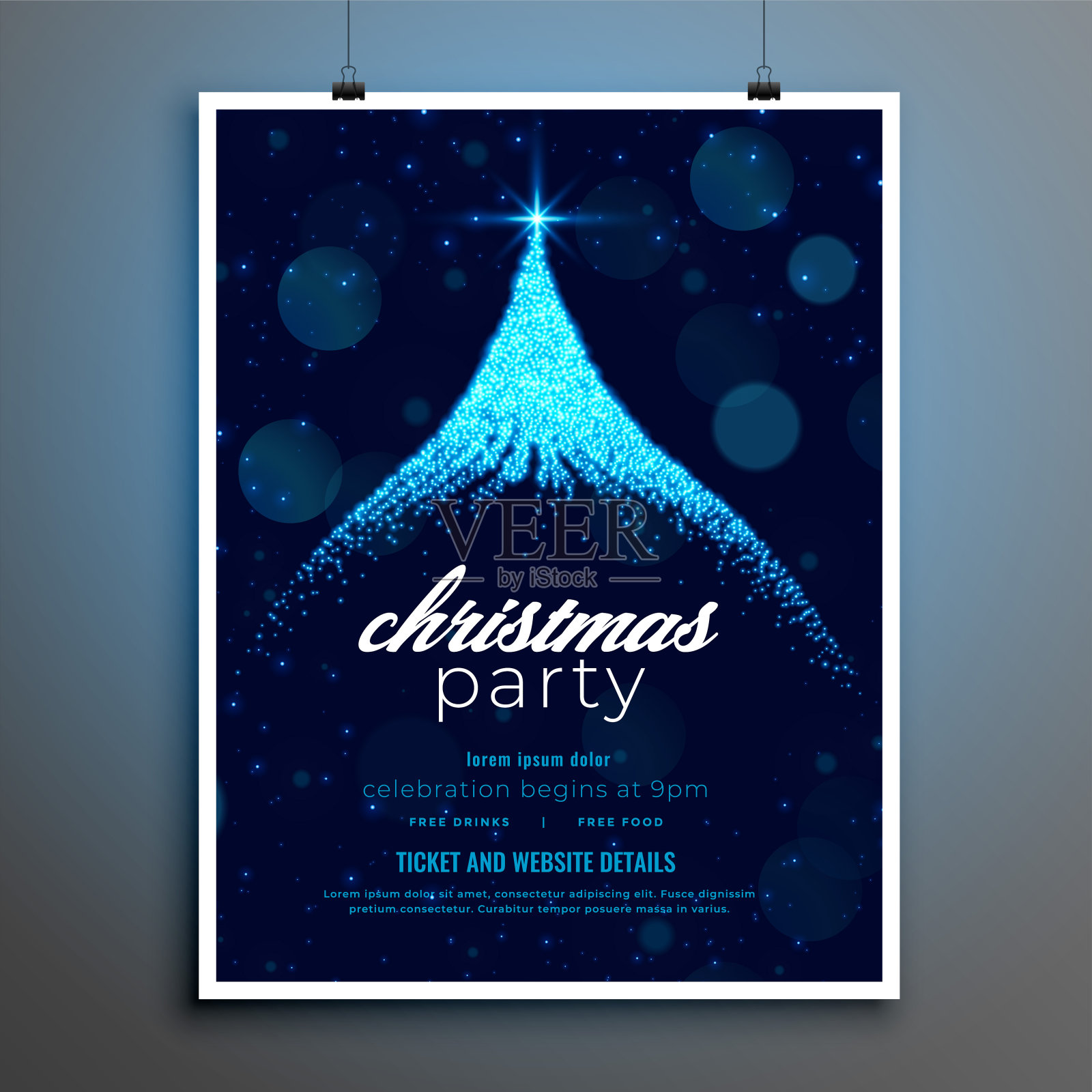 圣诞派对海报设计与蓝色火花树设计模板素材