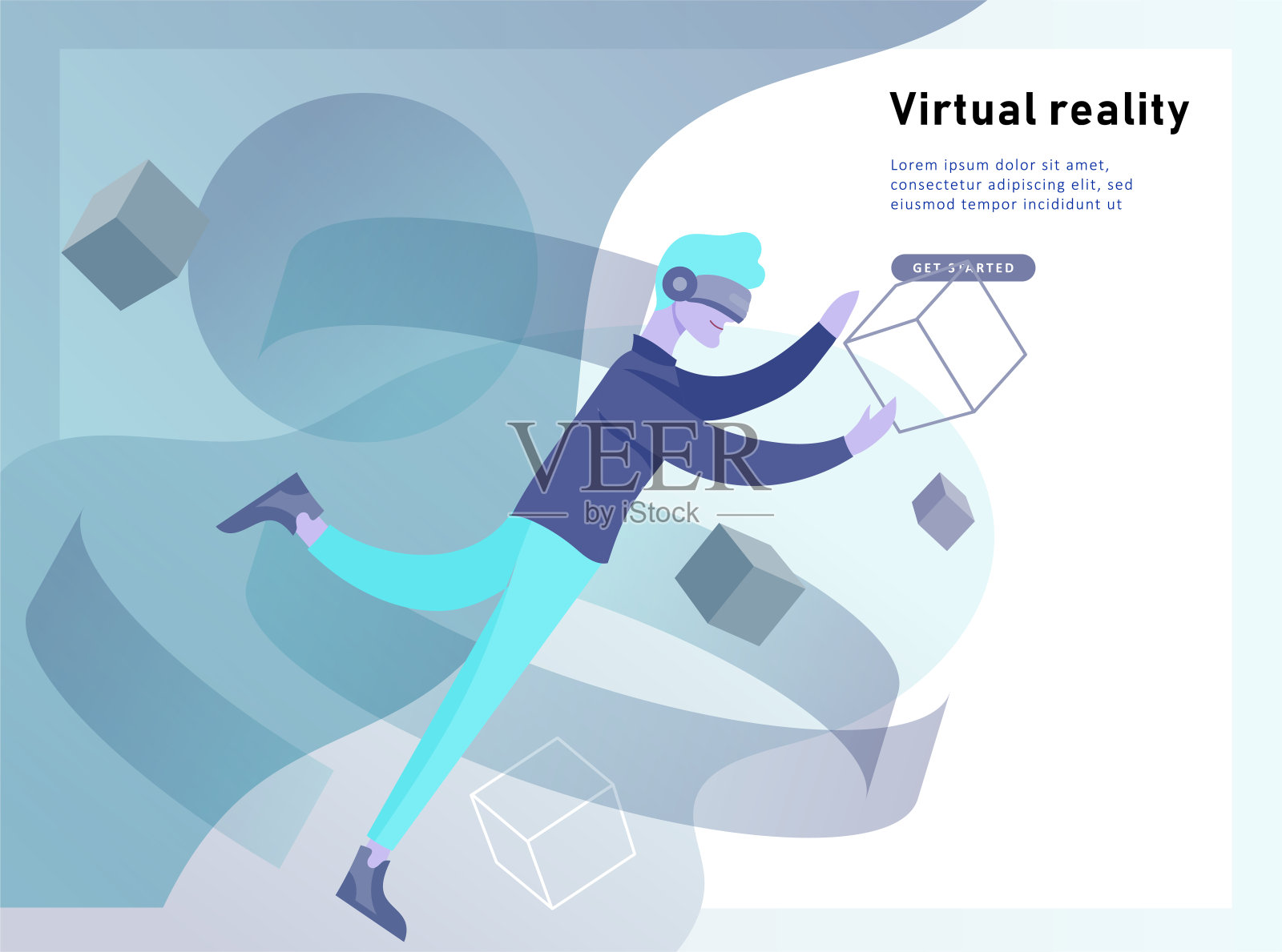虚拟增强现实眼镜的概念与人们学习和娱乐。着陆页模板。插画图片素材