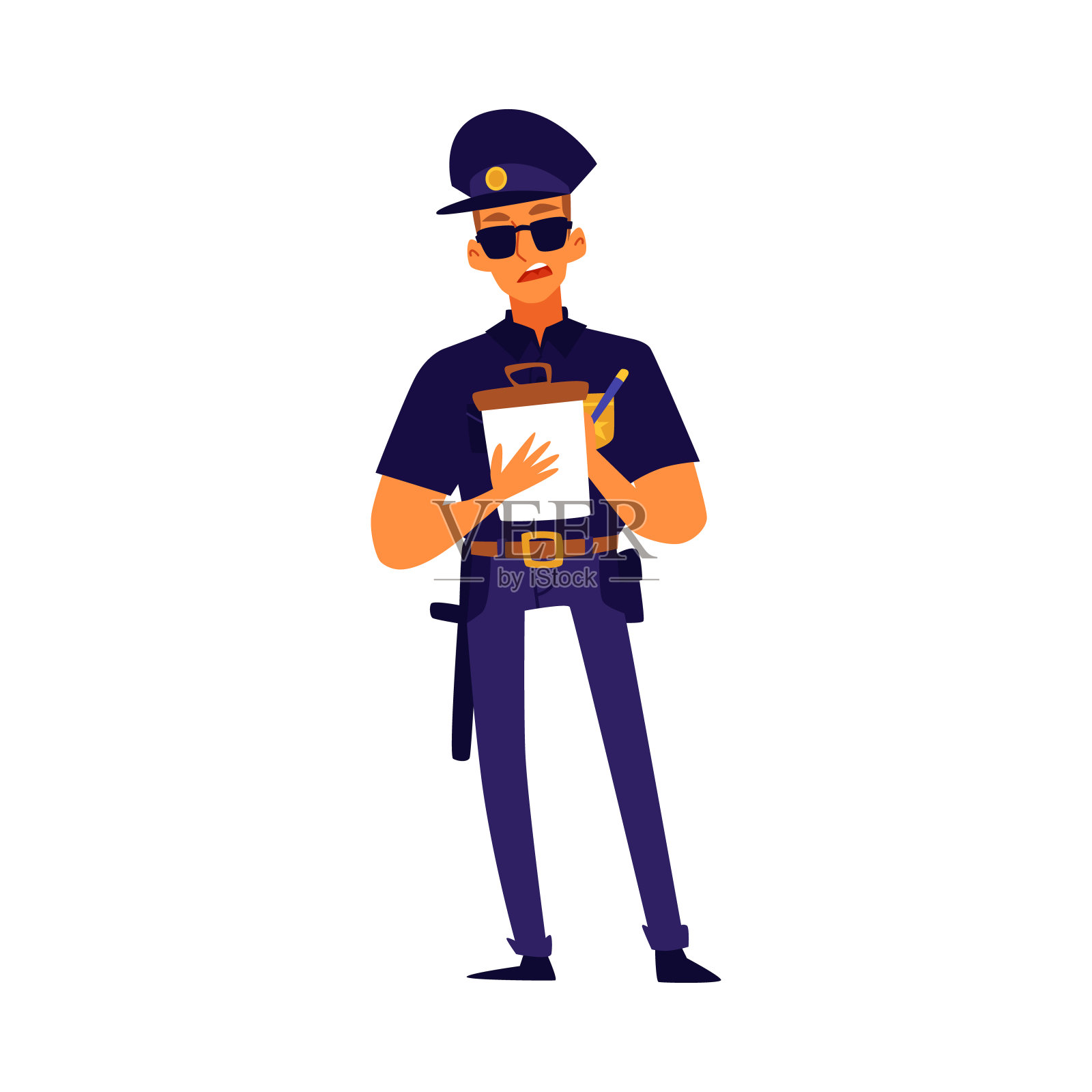 卡通警察写罚单-严肃的人在蓝色制服插画图片素材