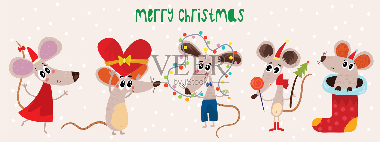 圣诞卡通老鼠收藏。冬季手绘一套可爱的象征2020年。新年老鼠和装饰品。设计模板素材