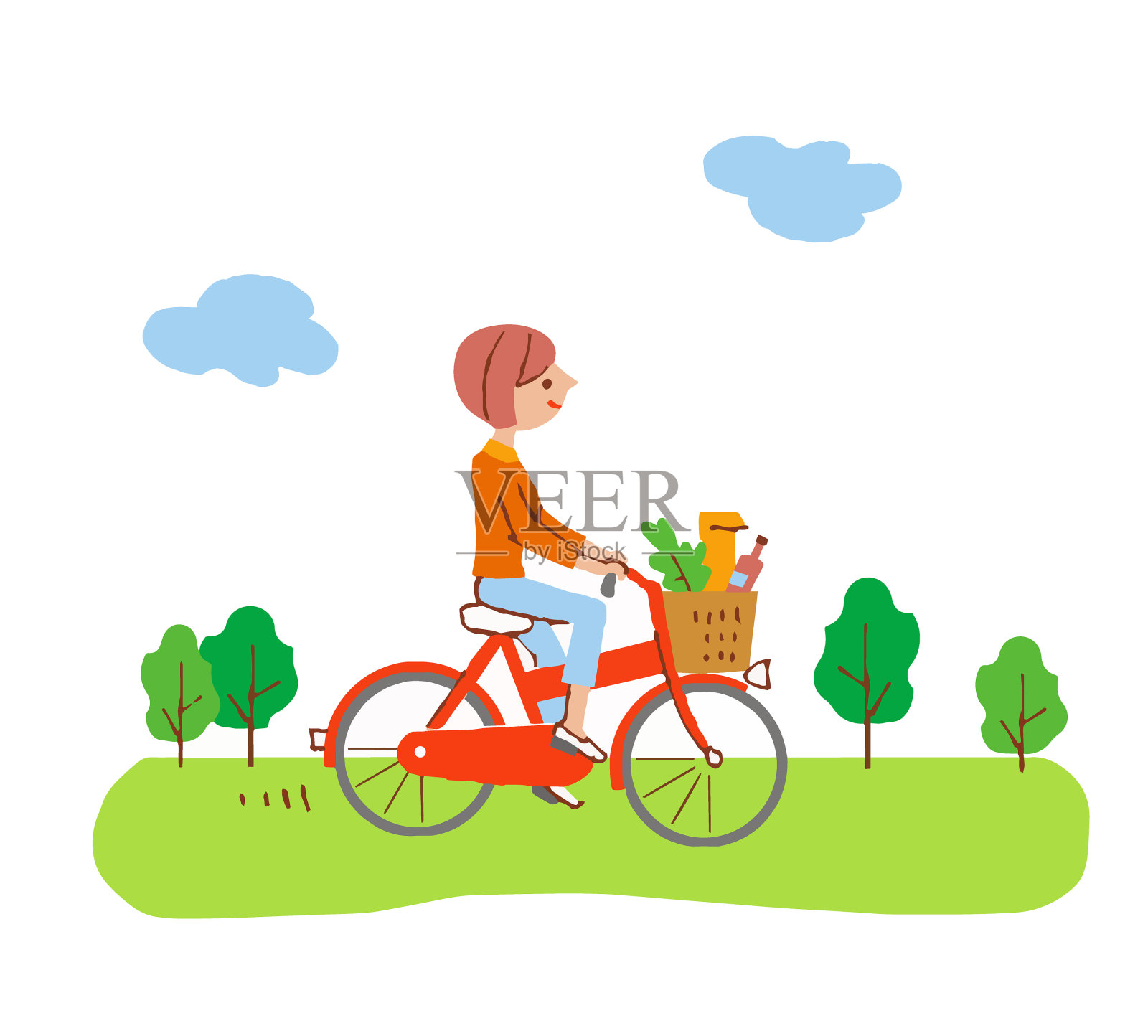 骑自行车购物的妇女插画图片素材