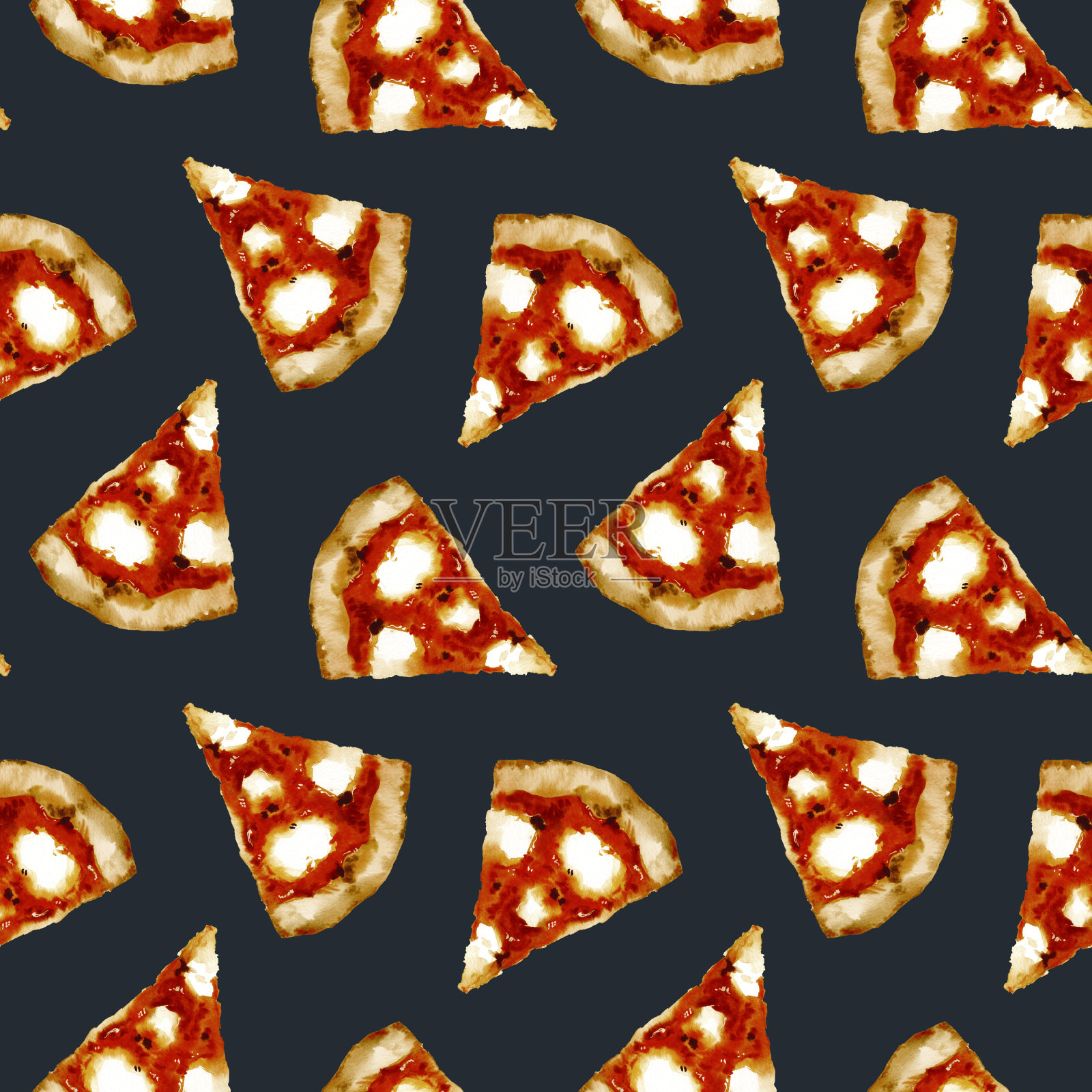 水彩手绘意大利美食美味披萨切片插画无缝图案设计元素图片