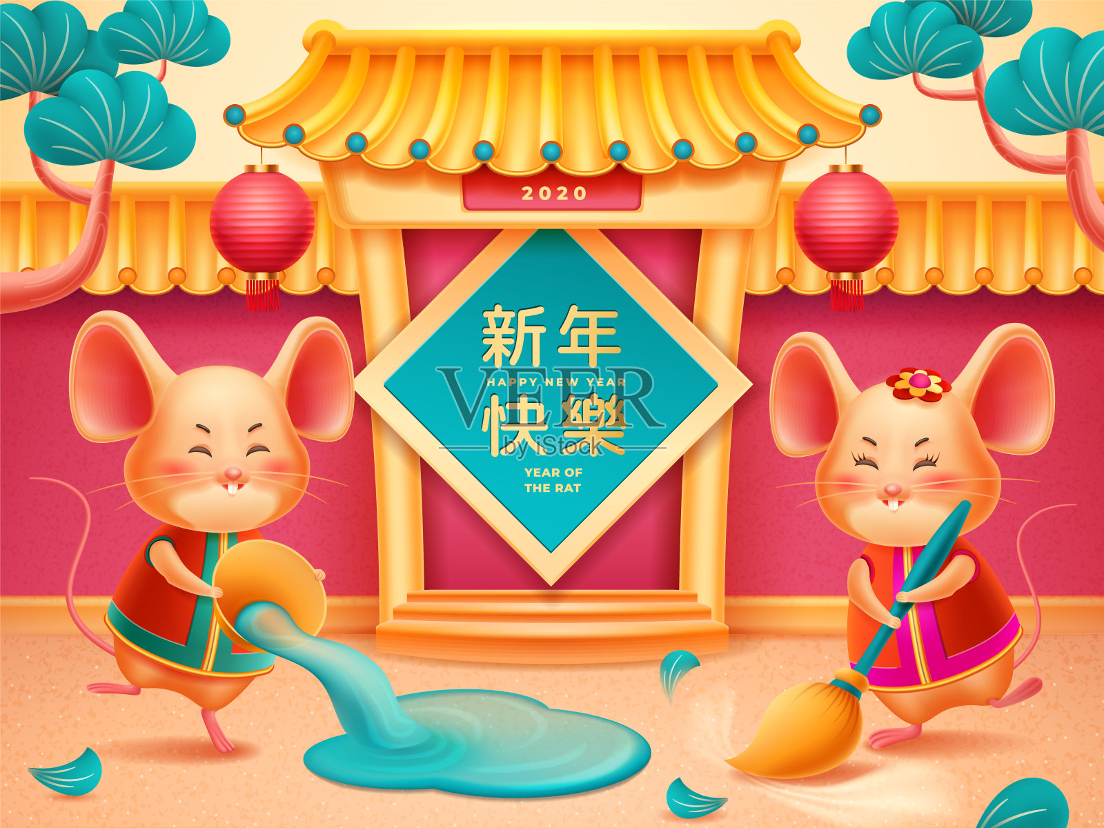 2020年春节海报，老鼠用水清洗寺庙。贺卡的中国节日与老鼠和扫帚，灯笼和树，门或入口与中国书法寓意新年快乐设计模板素材