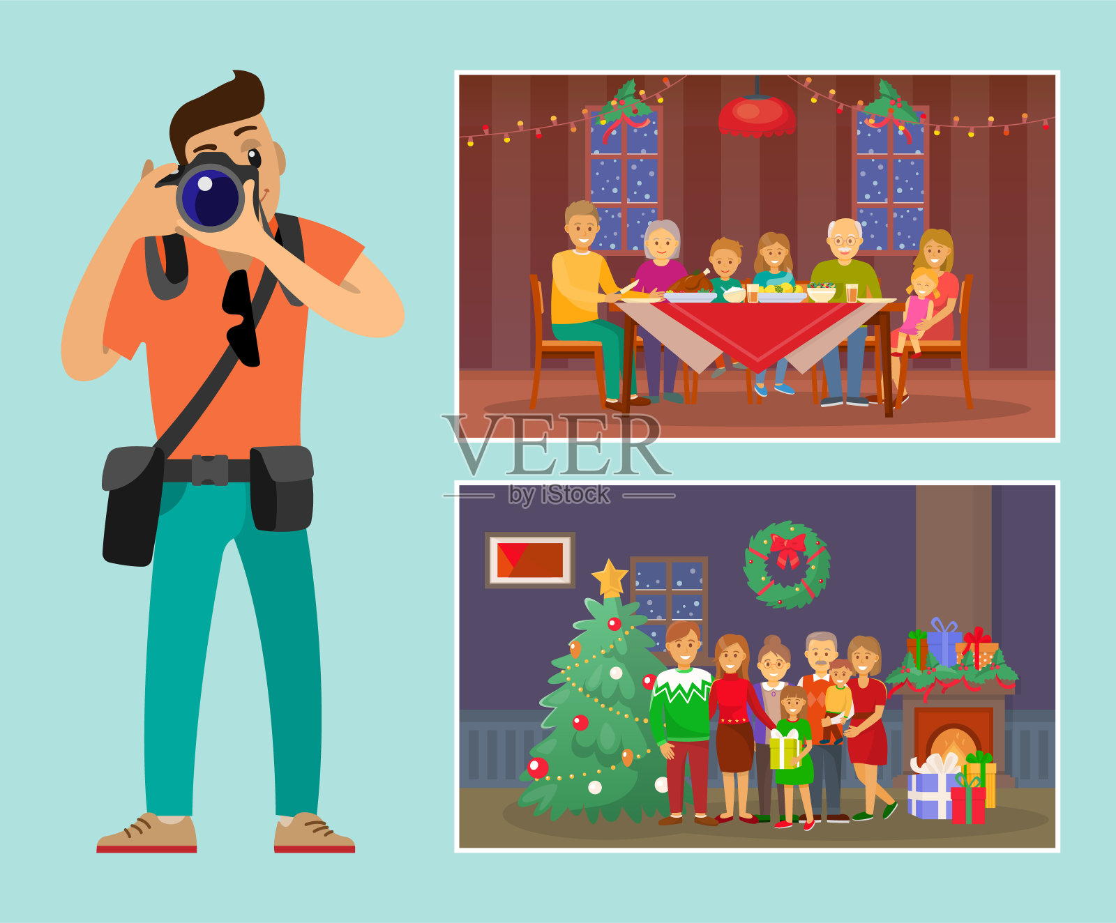 圣诞树下的圣诞节庆祝家庭插画图片素材