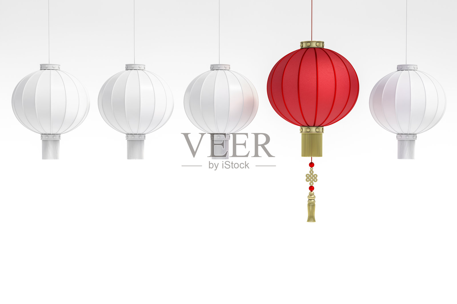 突出的逼真的中国灯笼漂浮在白色背景上的白色灯笼3d渲染。3d插图祝福幸福，繁荣和长寿。中国新年节日的概念照片摄影图片