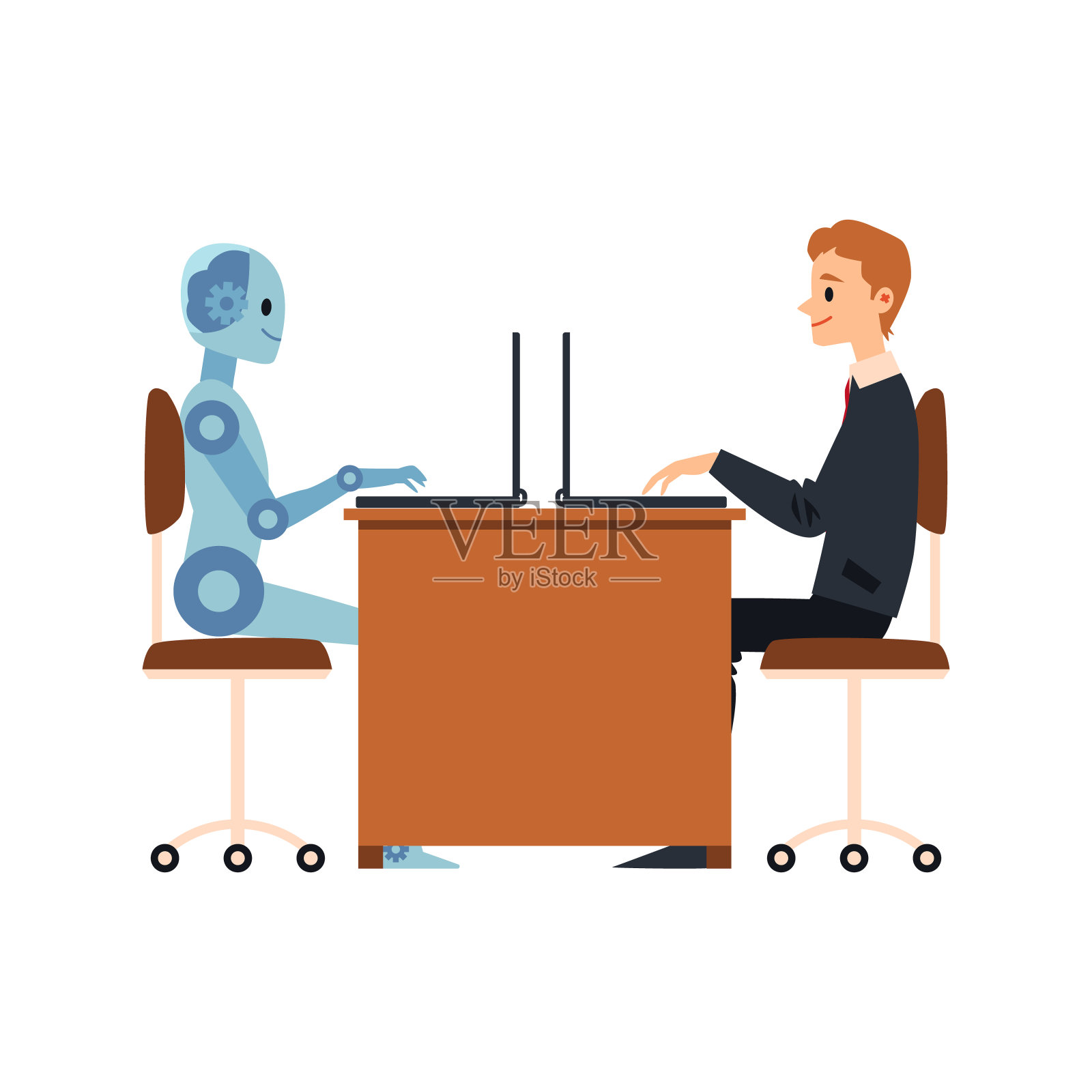 卡通商人和蓝色机器人共用一张笔记本电脑桌子插画图片素材