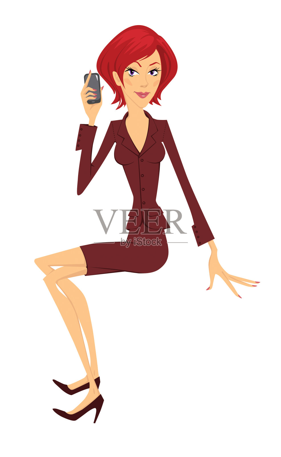 穿着西装的红头发坐着的女人。拿着手机的商务女性插画图片素材
