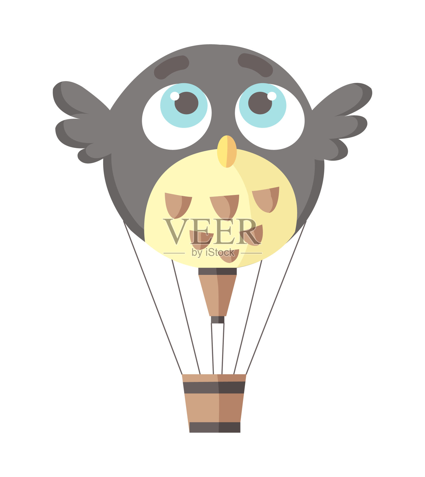 热气球的平面插图。猫头鹰鸟卡通飞行娱乐节日户外气球。旅行，天空交通插图设计元素图片
