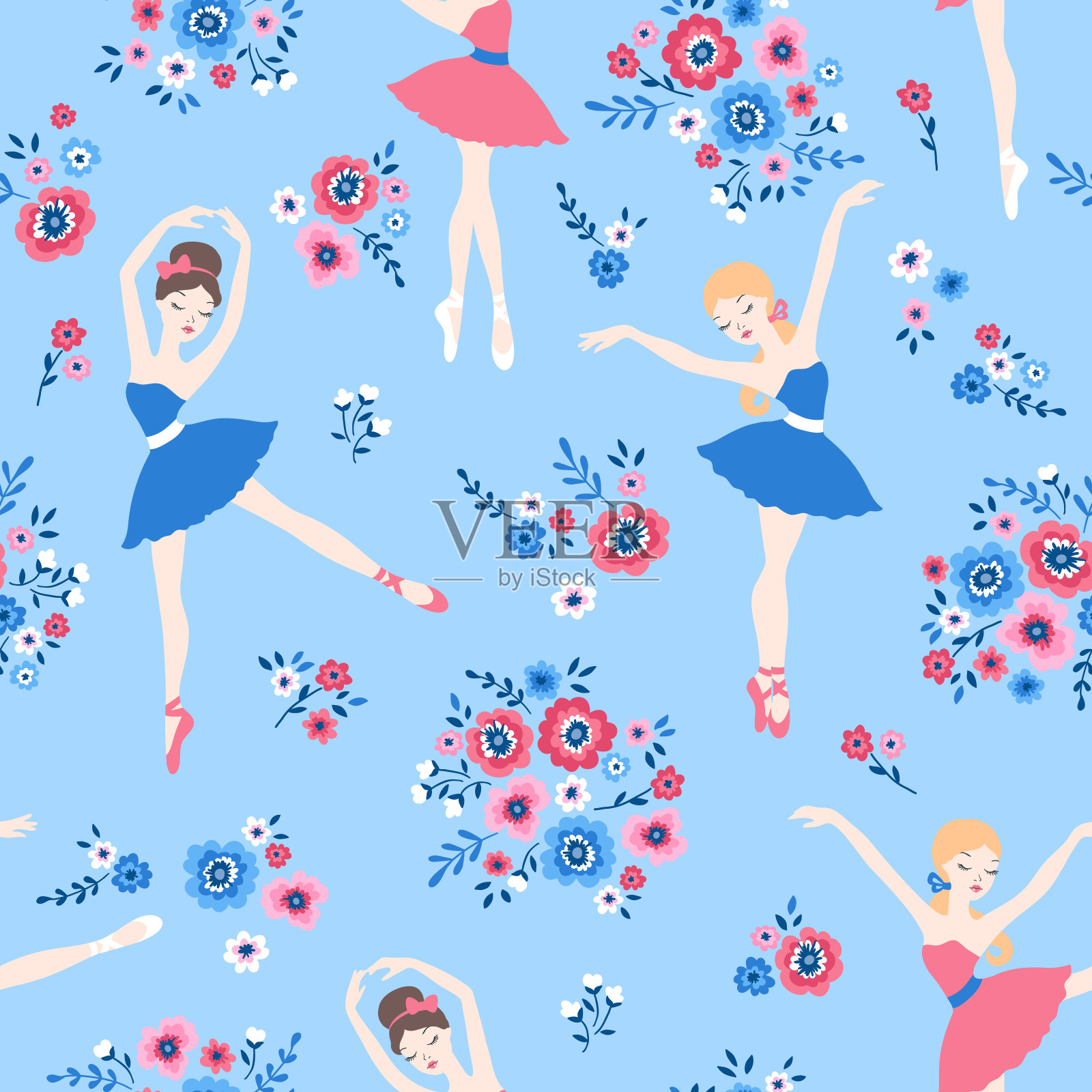 芭蕾舞卡通无缝图案与芭蕾舞者在芭蕾舞裙和鲜花在蓝色的背景插画图片素材