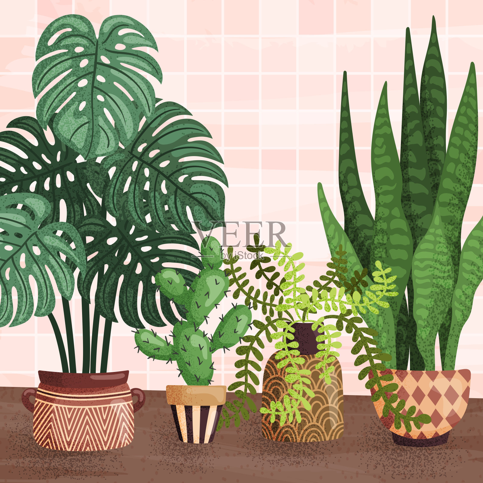 室内插图与室内室内植物在花盆。墙的背景上有怪兽、仙人掌、蛇尾植物插画图片素材