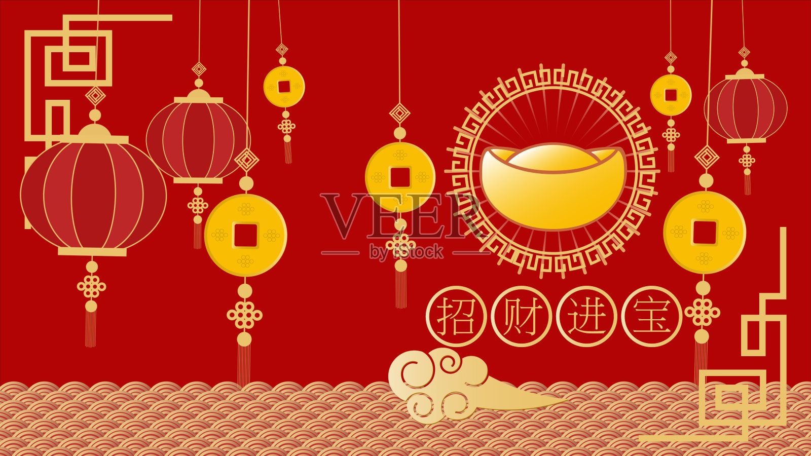 动画春节快乐，中国人的繁荣，旗帜，明信片，(中文翻译-财富)插画图片素材