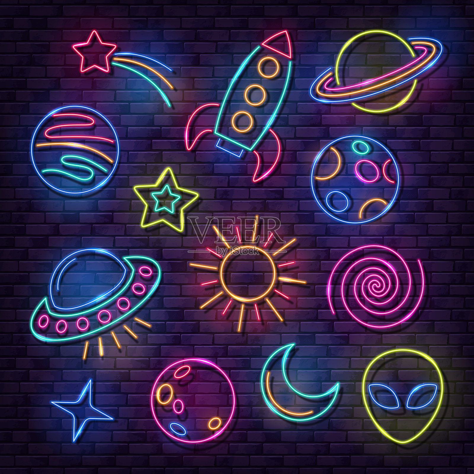 一组太空霓虹灯图标。发光的火箭，行星，外星人，太阳，月亮，彗星和星星在砖墙的背景插画图片素材