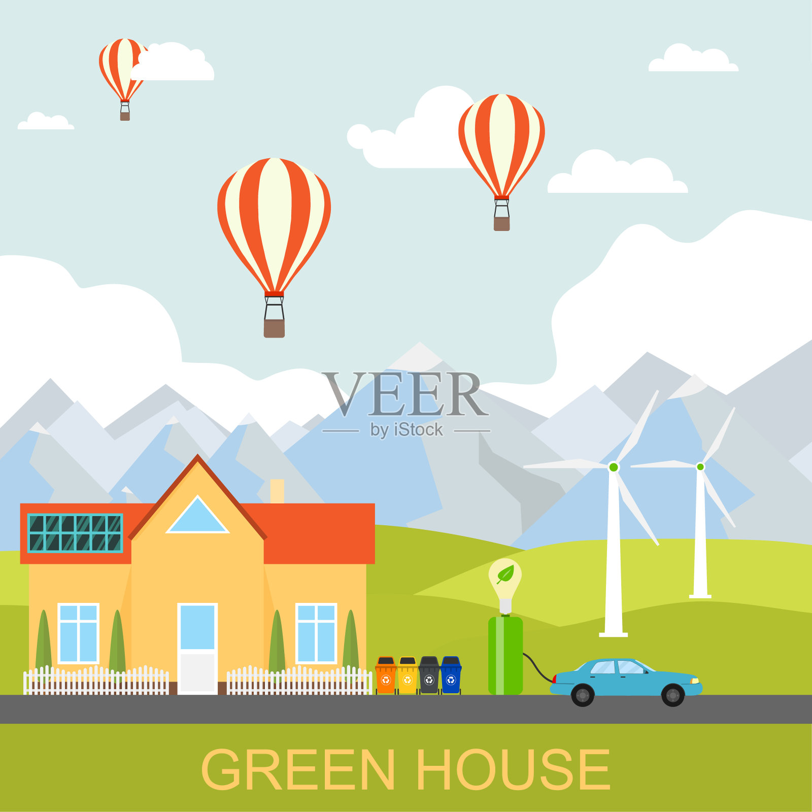 Eco的房子。绿色的房子。以自然和山景为背景的环保安全屋。充电电动汽车。矢量插图。向量。插画图片素材