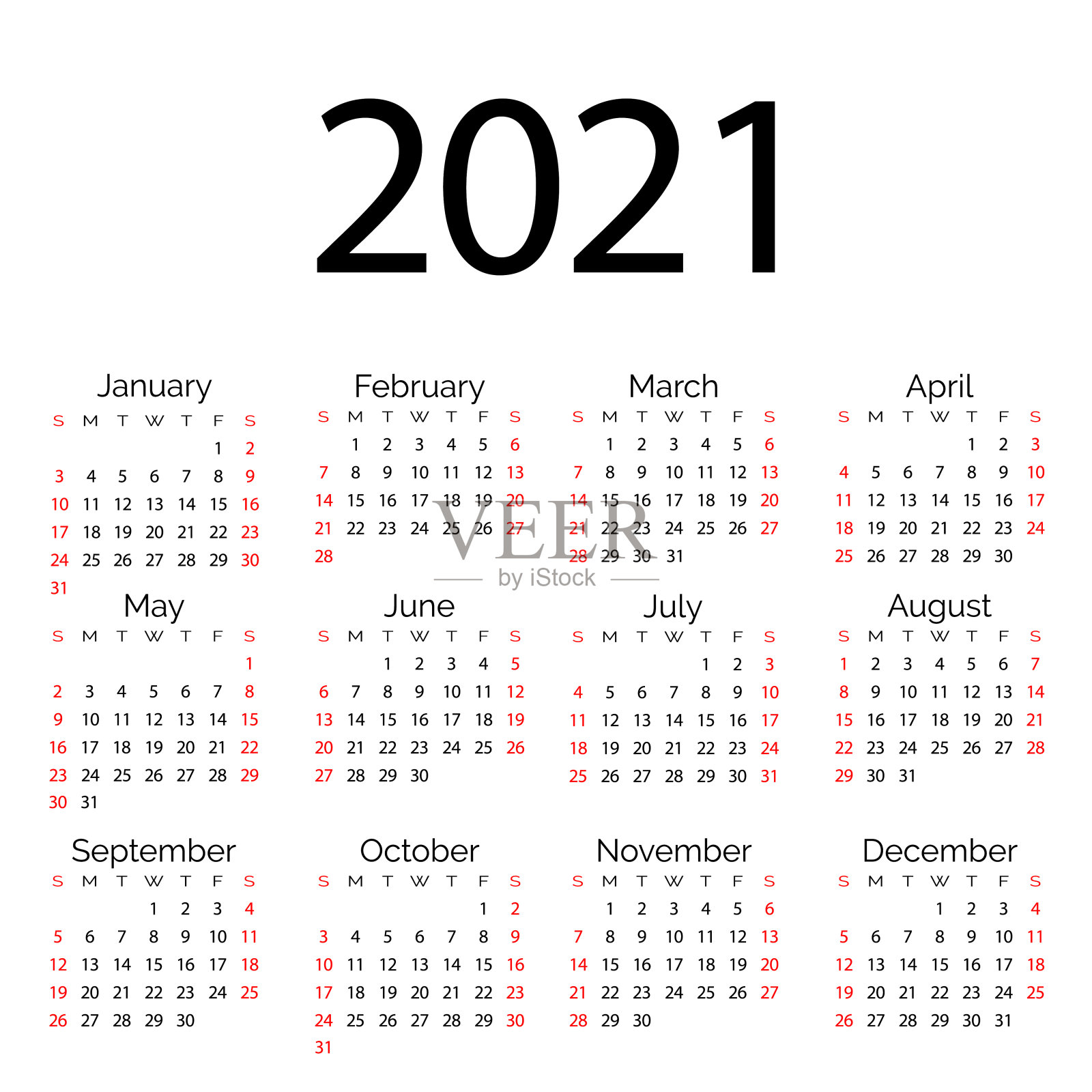简单矢量日历模板2021年。最小商务白色干净的设计。英语网格，一周从周日开始设计模板素材