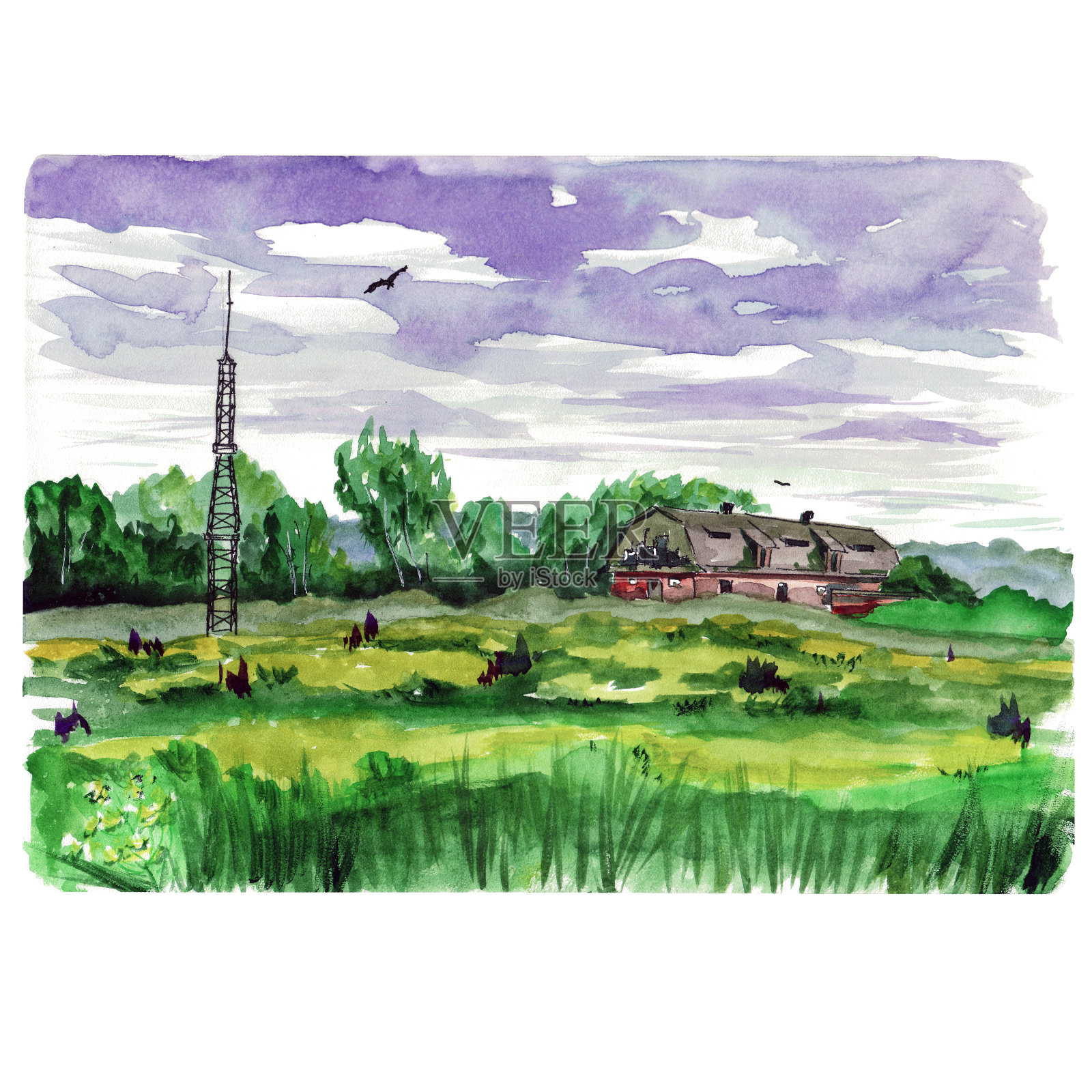 一个废弃谷仓的田野水彩画景观插画图片素材